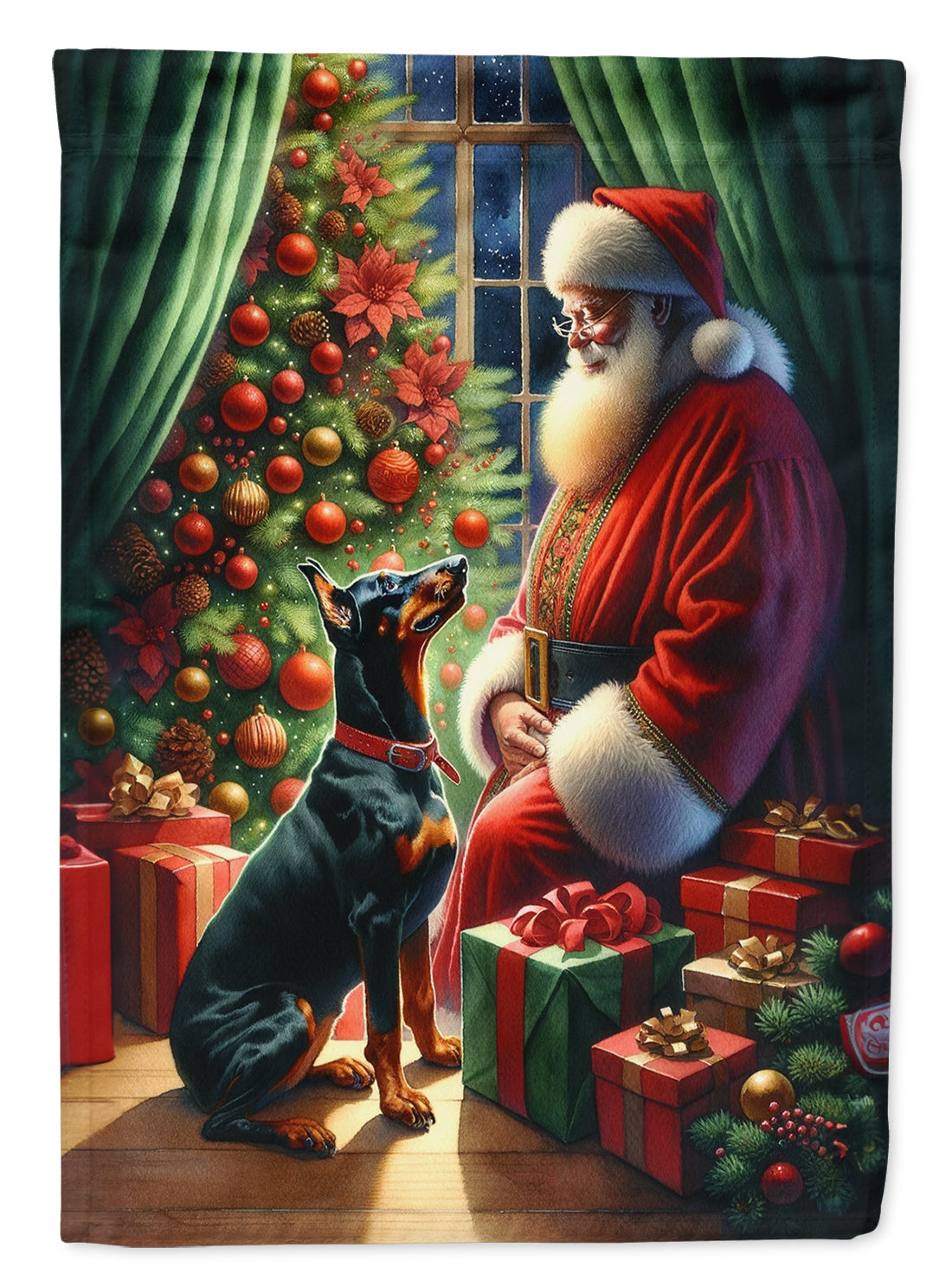 Doberman Pinscher and Santa Claus House Flag 28x40 Porch Sleeve Pole Decorative Outside Yard Banner Artwork Wall Hanging, Polyester