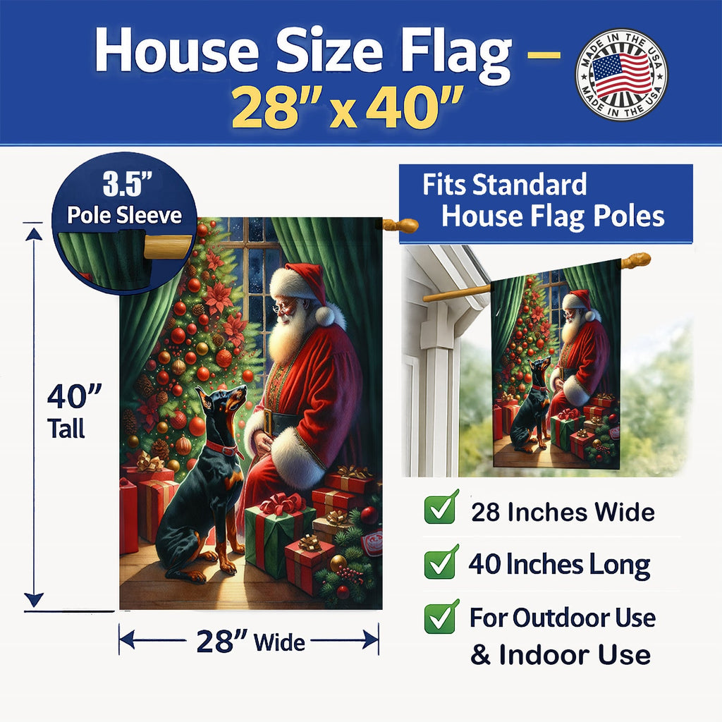 Doberman Pinscher and Santa Claus House Flag 28x40 Porch Sleeve Pole Decorative Outside Yard Banner Artwork Wall Hanging, Polyester