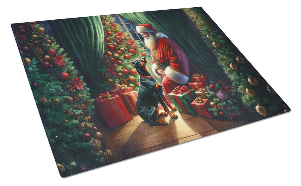 Doberman Pinscher and Santa Claus Cutting Board Tempered Glass Kitchen Cutting Surface, Heat Resistant Chopping, Non-Slip Feet, Food Prep & Serving