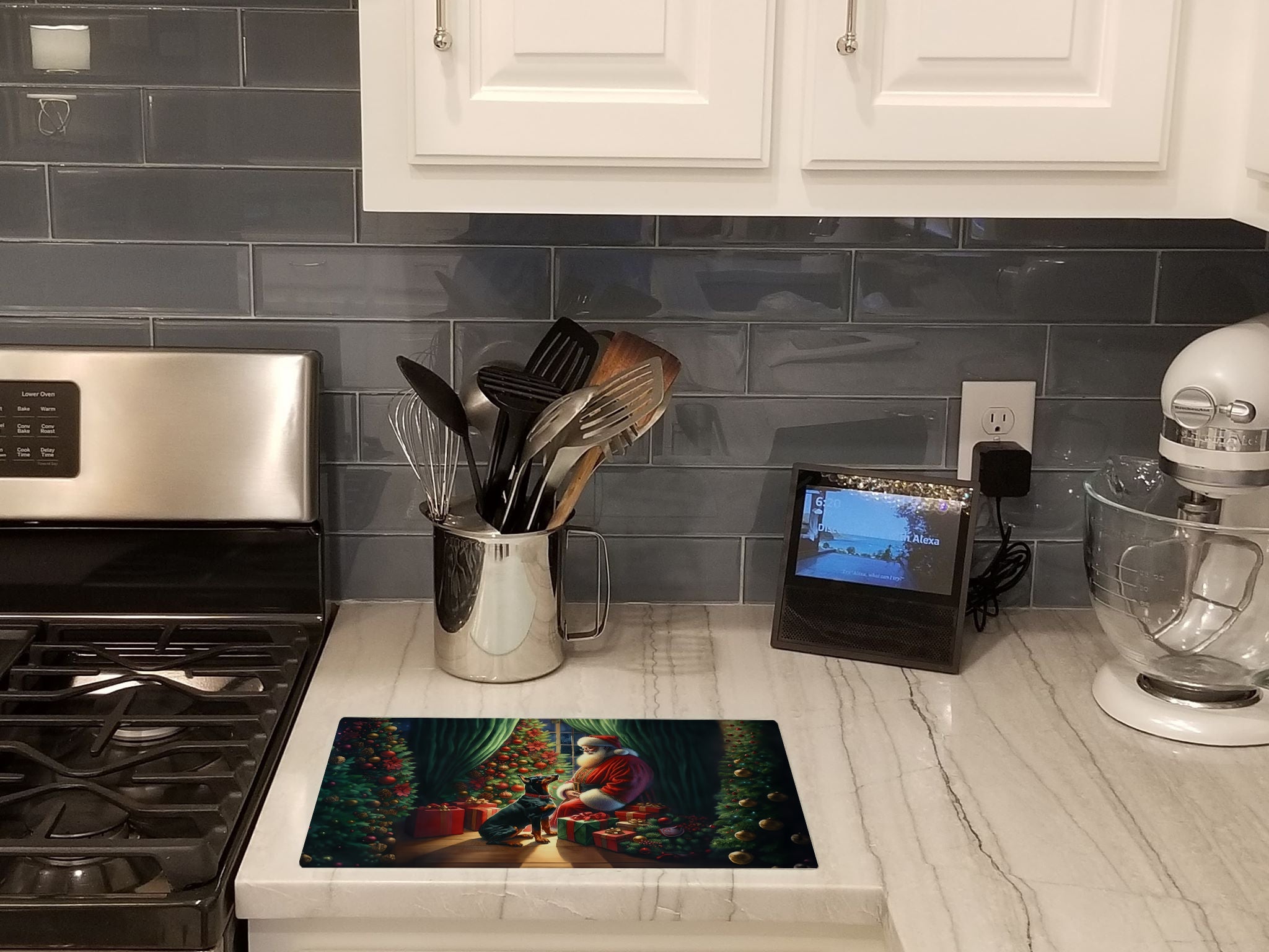 Doberman Pinscher and Santa Claus Cutting Board Tempered Glass Kitchen Cutting Surface, Heat Resistant Chopping, Non-Slip Feet, Food Prep & Serving