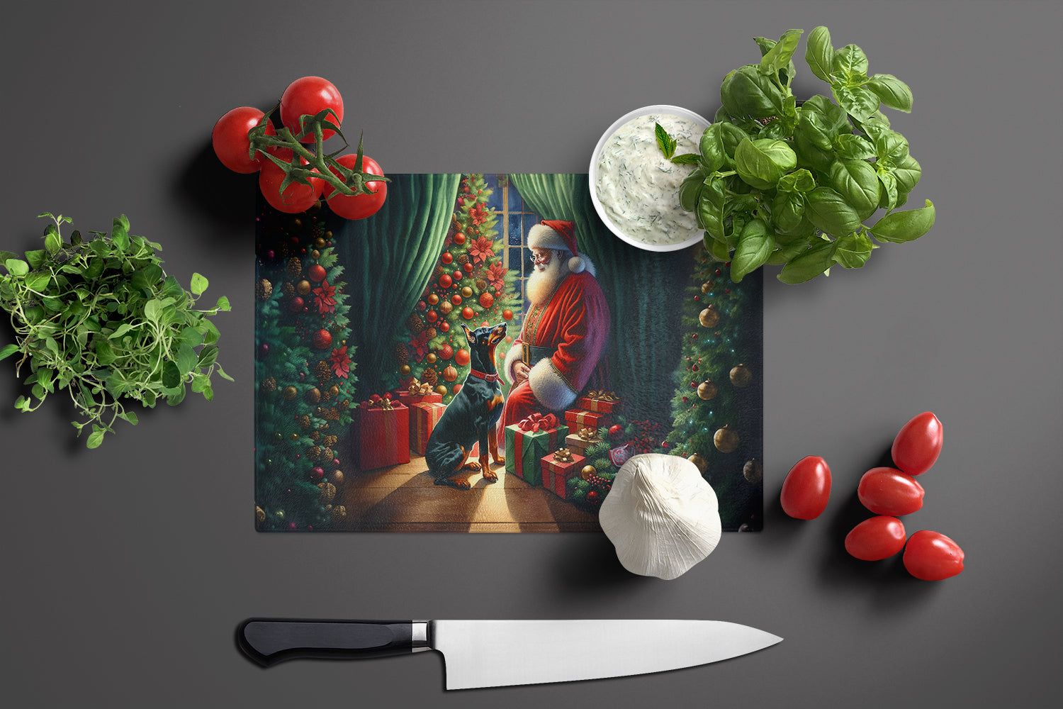 Doberman Pinscher and Santa Claus Cutting Board Tempered Glass Kitchen Cutting Surface, Heat Resistant Chopping, Non-Slip Feet, Food Prep & Serving