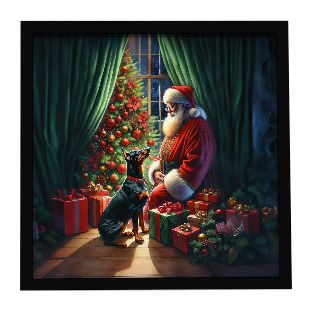 Doberman Pinscher and Santa Claus Framed Metal Print Bathroom, Kitchen, Office, Home Decor Wall Art Ready to Hang, Square, 8X8