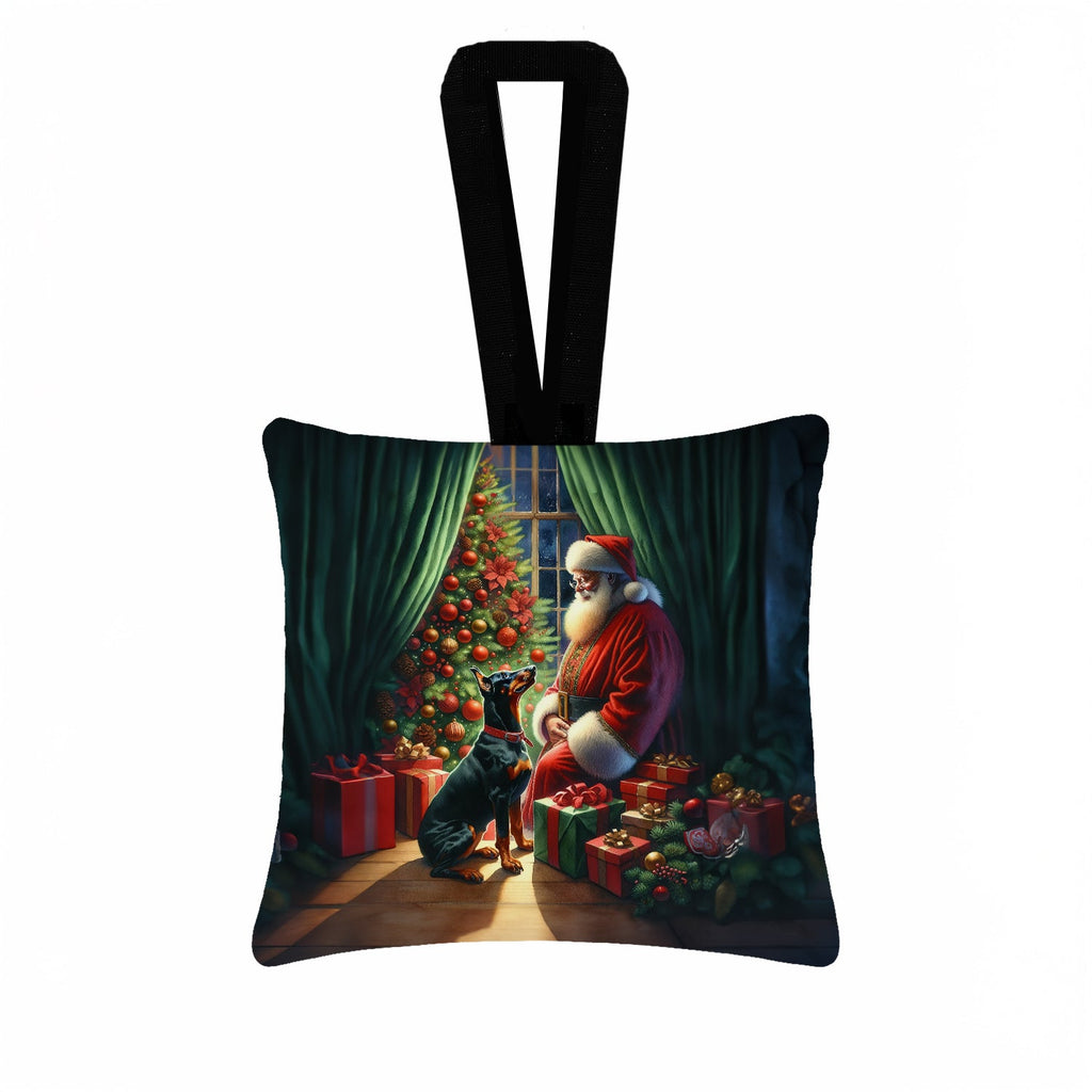 Doberman Pinscher and Santa Claus Hanging Square Fabric Ornament 3.5 × 3.5 Decorative Door-Knob & Tree Hanger, Soft Fabric