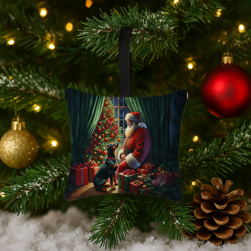 Doberman Pinscher and Santa Claus Hanging Square Fabric Ornament 3.5 × 3.5 Decorative Door-Knob & Tree Hanger, Soft Fabric