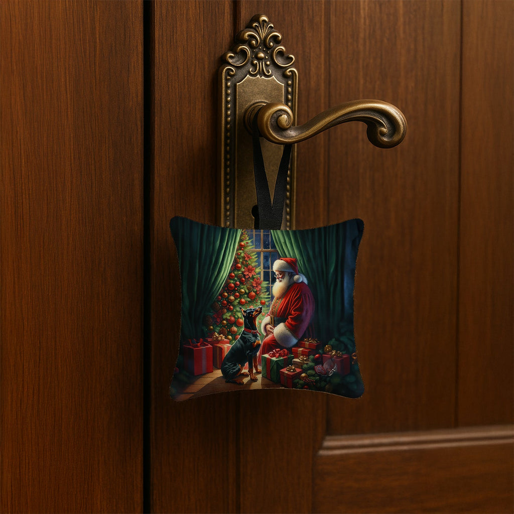 Doberman Pinscher and Santa Claus Hanging Square Fabric Ornament 3.5 × 3.5 Decorative Door-Knob & Tree Hanger, Soft Fabric