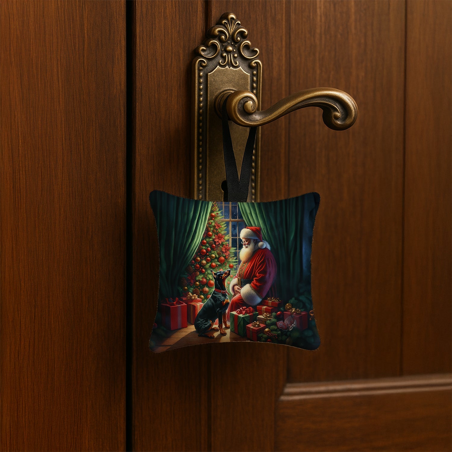 Doberman Pinscher and Santa Claus Hanging Square Fabric Ornament 3.5 × 3.5 Decorative Door-Knob & Tree Hanger, Soft Fabric