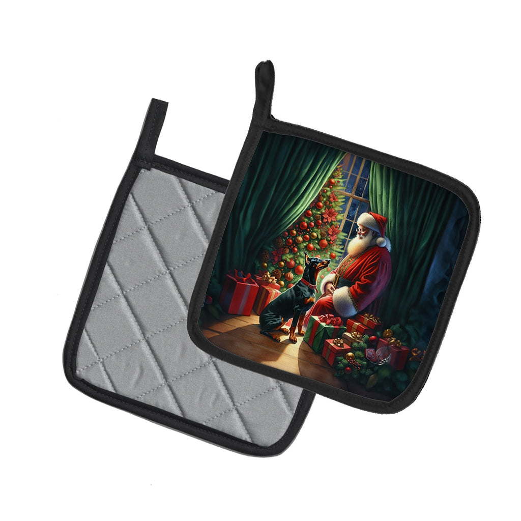 Doberman Pinscher and Santa Claus Pot Holder Set of 2 Heat Resistant Quilted Hot Pads 7.5 x 7.5 Inch, Insulated Kitchen Trivets for Cooking & Baking