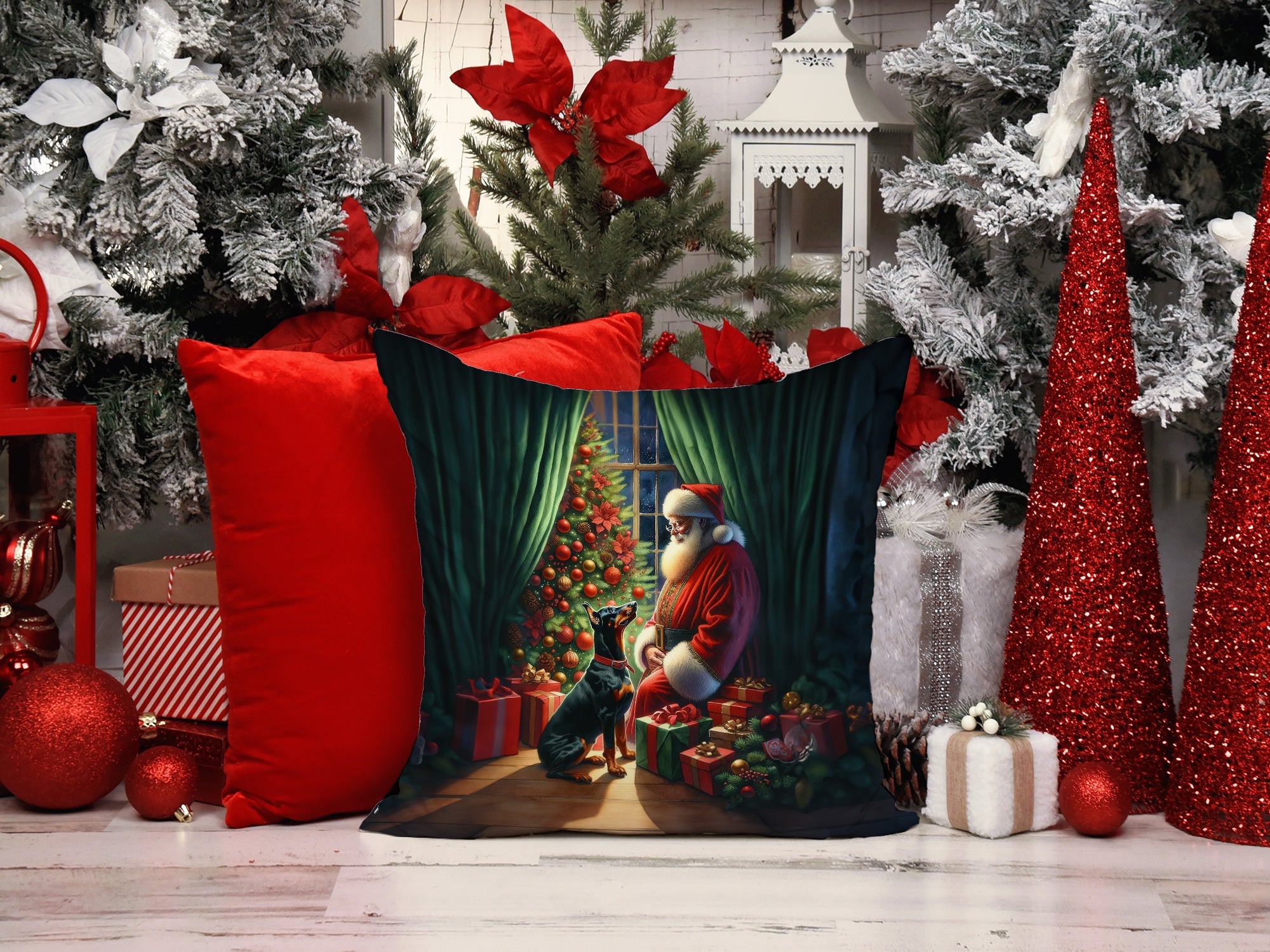 Doberman Pinscher and Santa Claus Decorative Throw Pillow 14x14 Indoor Outdoor Accent Cushion, Fabric Cover with Insert for Sofa, Bed, Porch & Living Room
