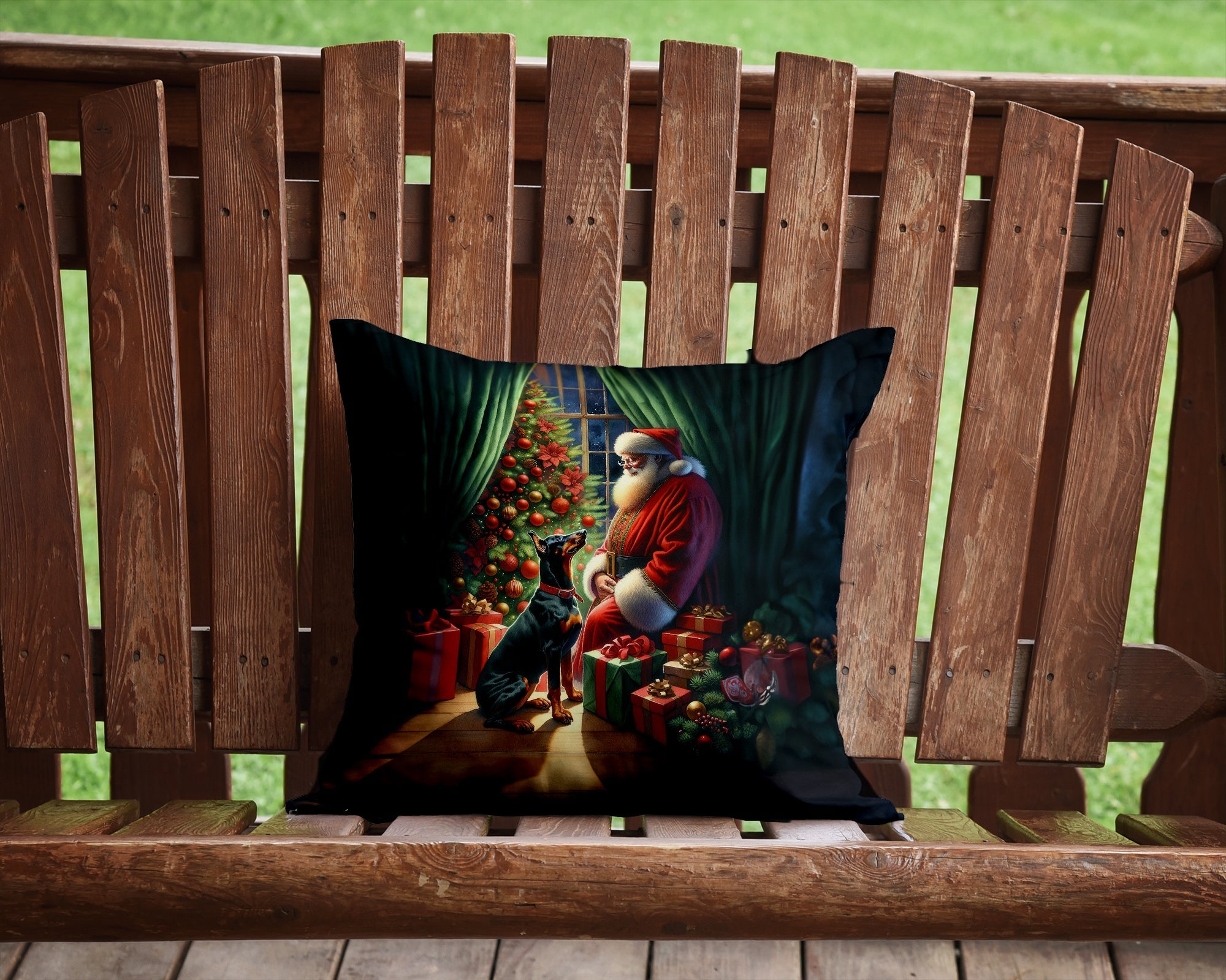 Doberman Pinscher and Santa Claus Decorative Throw Pillow 14x14 Indoor Outdoor Accent Cushion, Fabric Cover with Insert for Sofa, Bed, Porch & Living Room