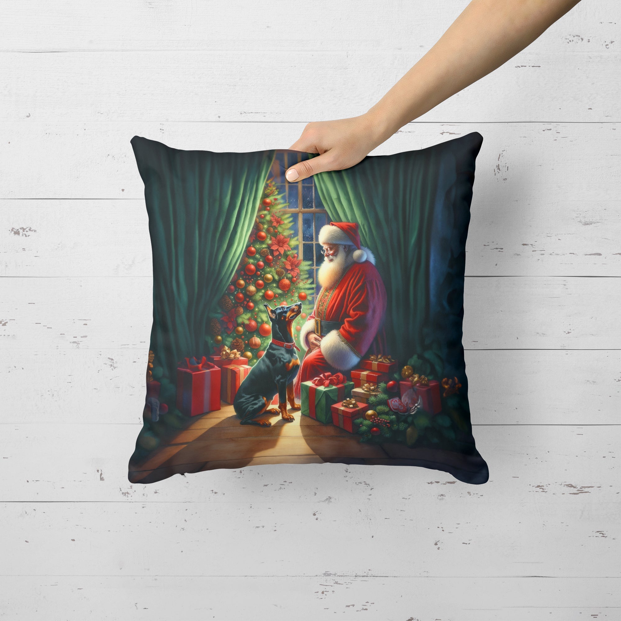 Doberman Pinscher and Santa Claus Decorative Throw Pillow 18x18 Indoor Outdoor Accent Cushion, Fabric Cover with Insert for Sofa, Bed, Porch & Living Room