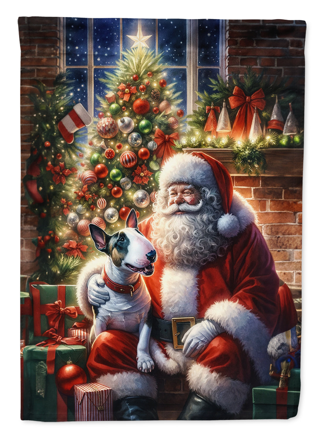 English Bull Terrier and Santa Claus House Flag 28x40 Porch Sleeve Pole Decorative Outside Yard Banner Artwork Wall Hanging, Polyester