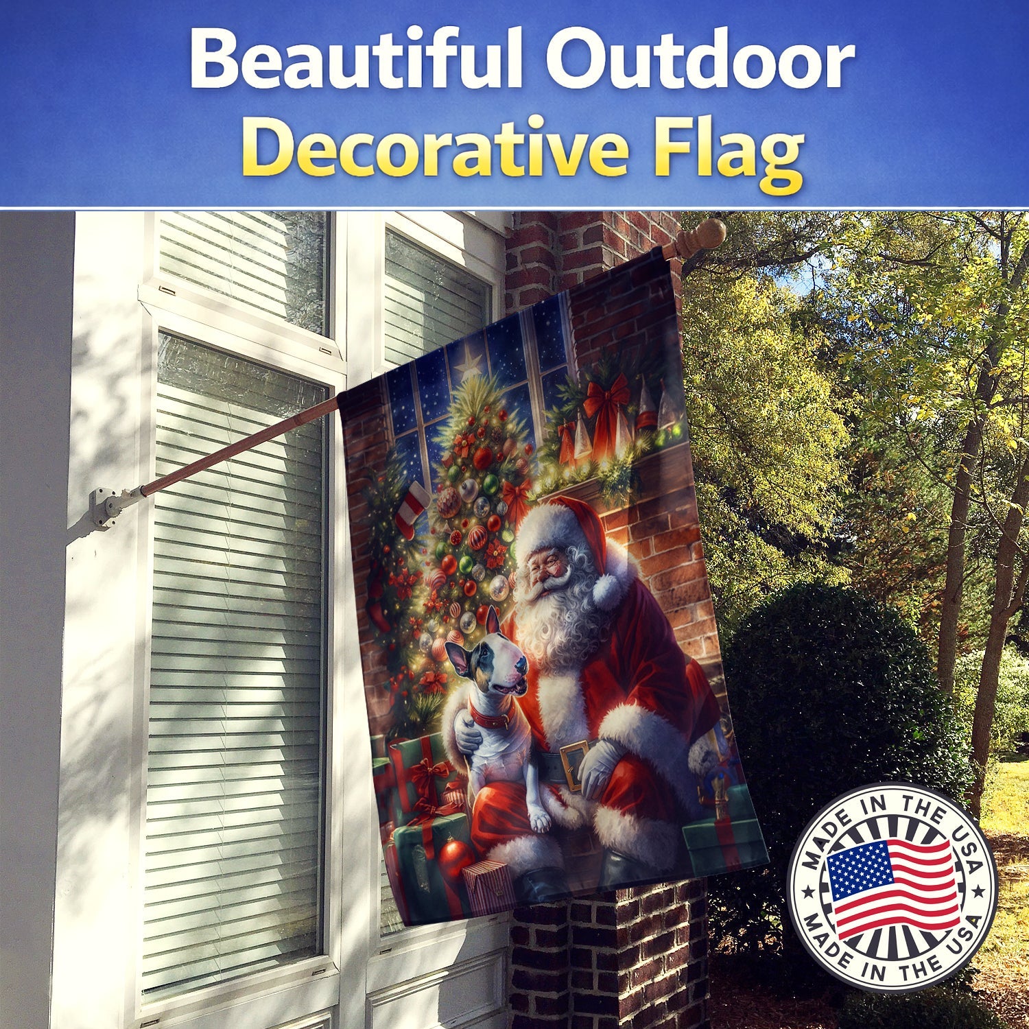 English Bull Terrier and Santa Claus House Flag 28x40 Porch Sleeve Pole Decorative Outside Yard Banner Artwork Wall Hanging, Polyester