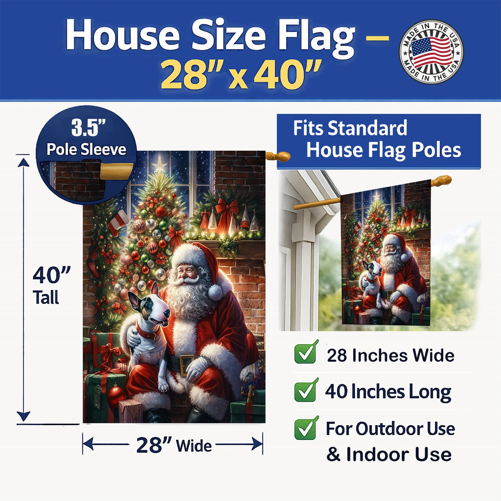 English Bull Terrier and Santa Claus House Flag 28x40 Porch Sleeve Pole Decorative Outside Yard Banner Artwork Wall Hanging, Polyester