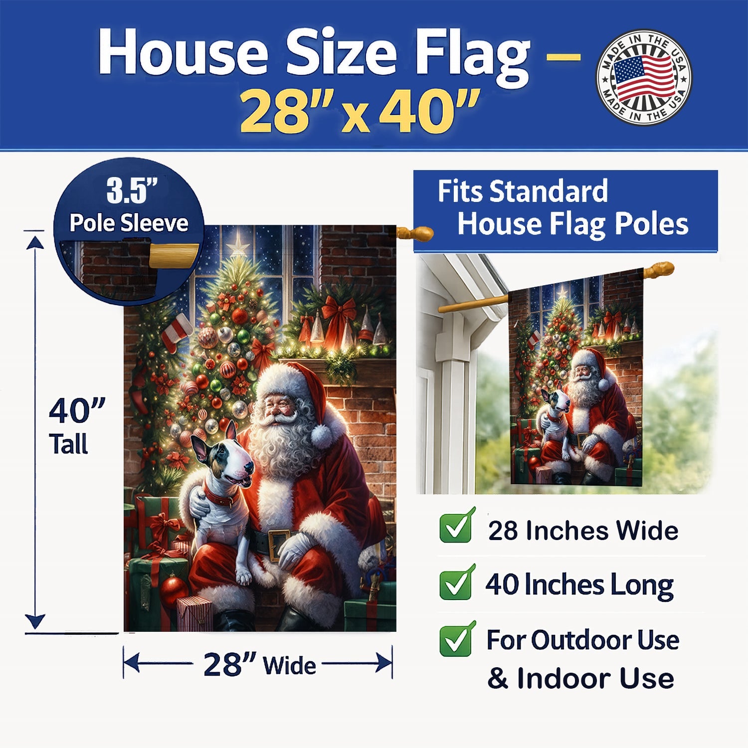 English Bull Terrier and Santa Claus House Flag 28x40 Porch Sleeve Pole Decorative Outside Yard Banner Artwork Wall Hanging, Polyester