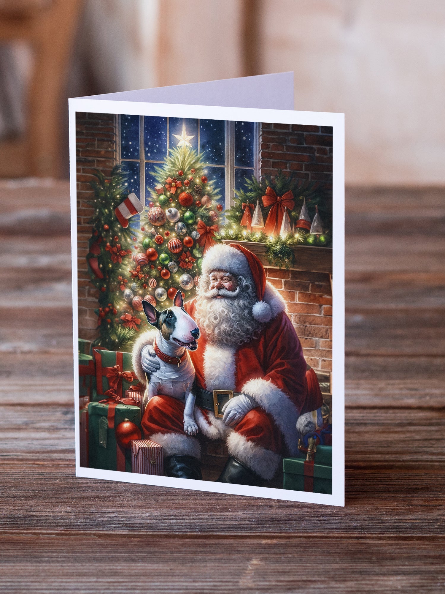 English Bull Terrier and Santa Claus Greeting Cards Pack of 8 Blank Cards with Envelopes Whimsical A7 Size 5x7