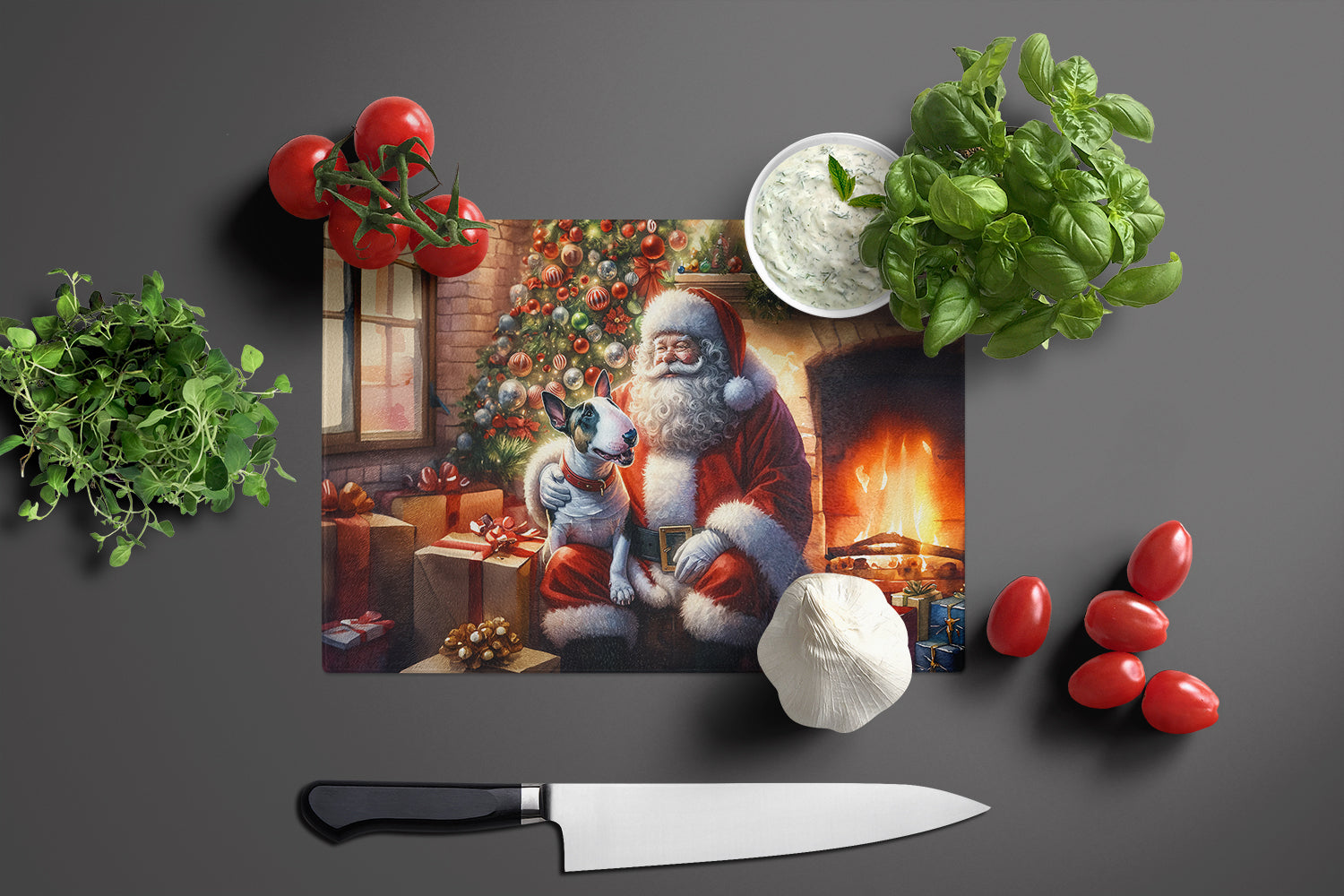 English Bull Terrier and Santa Claus Cutting Board Tempered Glass Kitchen Cutting Surface, Heat Resistant Chopping, Non-Slip Feet, Food Prep & Serving