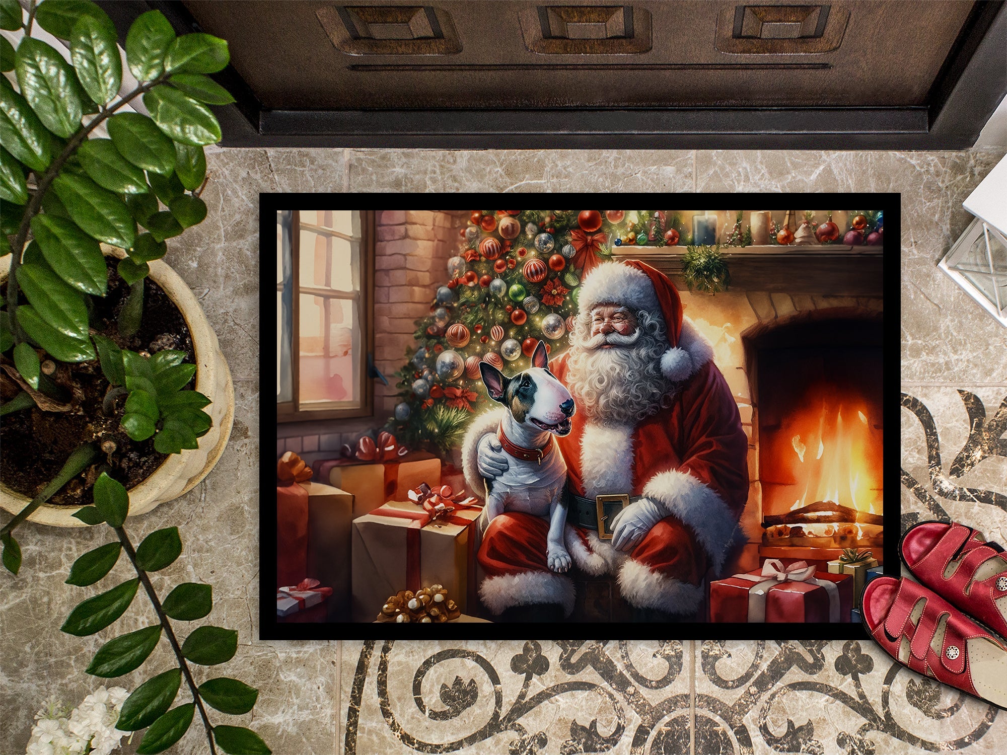 English Bull Terrier and Santa Claus Doormat Indoor Outdoor 18H X 27W Front Door Mat Rugs for Entryway, Non Slip Washable