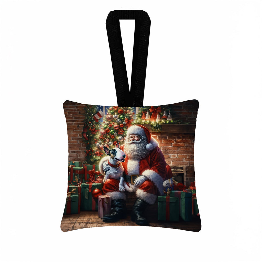 English Bull Terrier and Santa Claus Hanging Square Fabric Ornament 3.5 × 3.5 Decorative Door-Knob & Tree Hanger, Soft Fabric