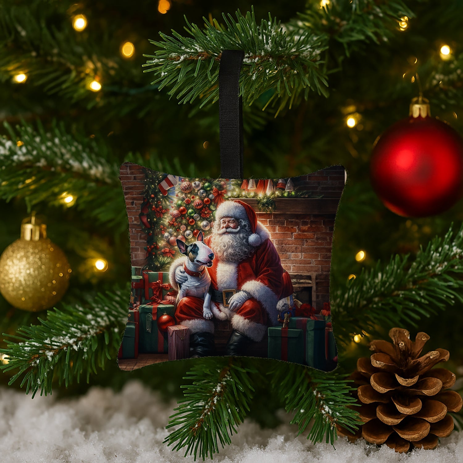 English Bull Terrier and Santa Claus Hanging Square Fabric Ornament 3.5 × 3.5 Decorative Door-Knob & Tree Hanger, Soft Fabric