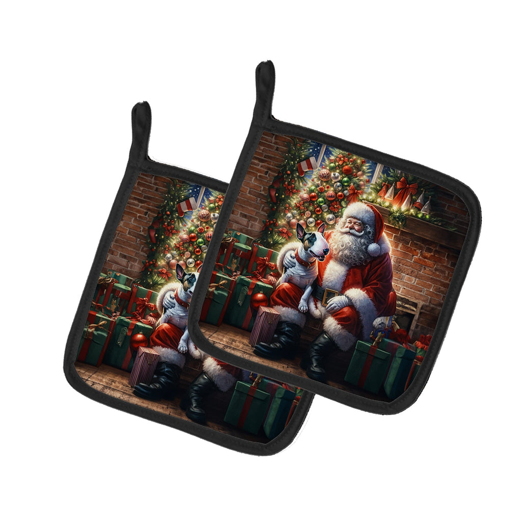 English Bull Terrier and Santa Claus Pot Holder Set of 2 Heat Resistant Quilted Hot Pads 7.5 x 7.5 Inch, Insulated Kitchen Trivets for Cooking & Baking