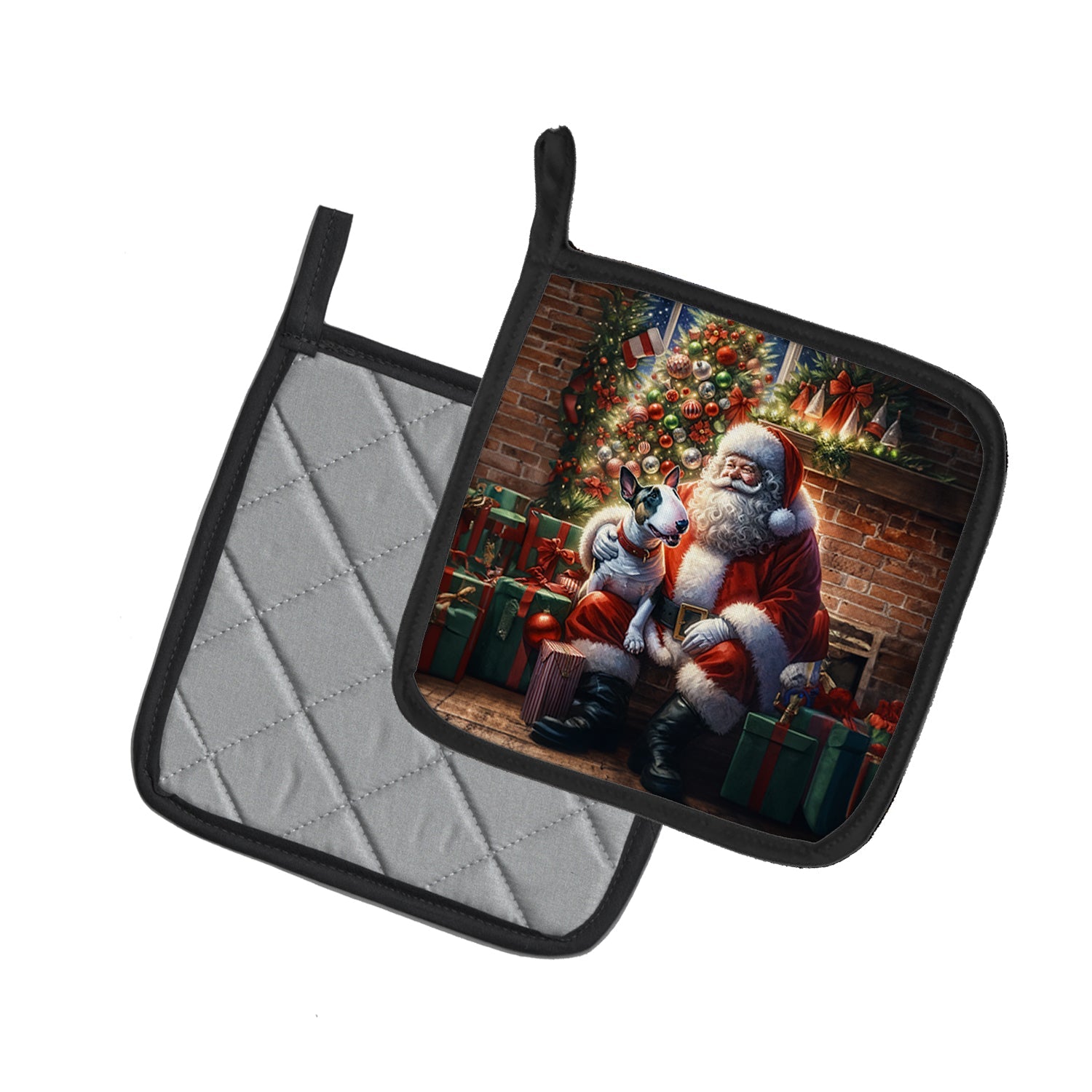 English Bull Terrier and Santa Claus Pot Holder Set of 2 Heat Resistant Quilted Hot Pads 7.5 x 7.5 Inch, Insulated Kitchen Trivets for Cooking & Baking