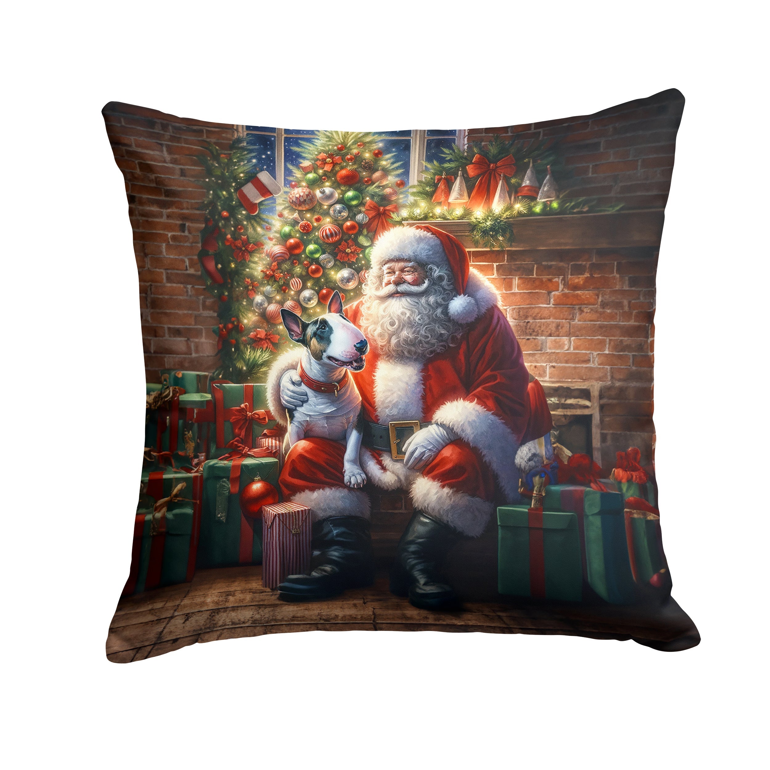 English Bull Terrier and Santa Claus Decorative Throw Pillow 14x14 Indoor Outdoor Accent Cushion, Fabric Cover with Insert for Sofa, Bed, Porch & Living Room