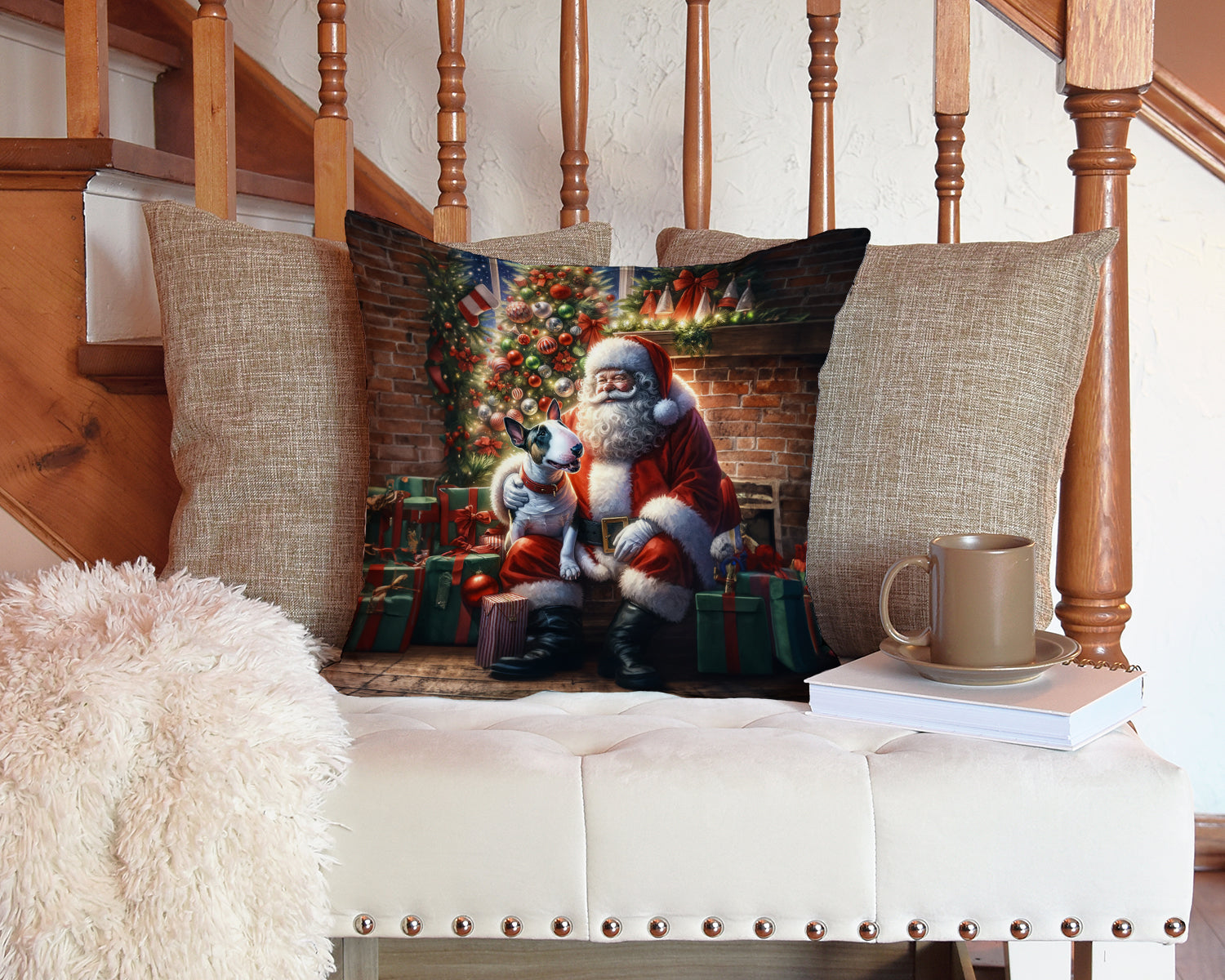 English Bull Terrier and Santa Claus Decorative Throw Pillow 14x14 Indoor Outdoor Accent Cushion, Fabric Cover with Insert for Sofa, Bed, Porch & Living Room