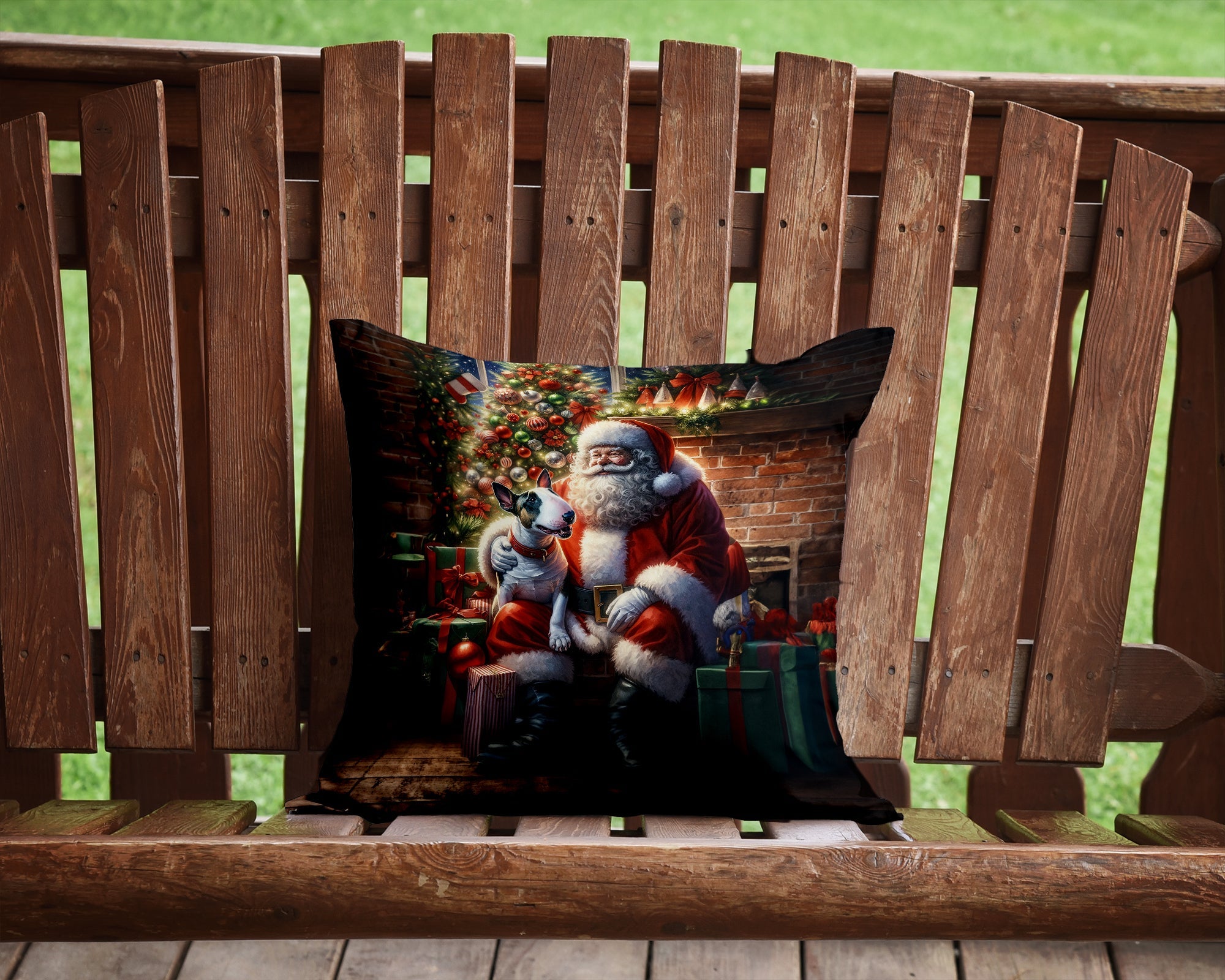 English Bull Terrier and Santa Claus Decorative Throw Pillow 14x14 Indoor Outdoor Accent Cushion, Fabric Cover with Insert for Sofa, Bed, Porch & Living Room