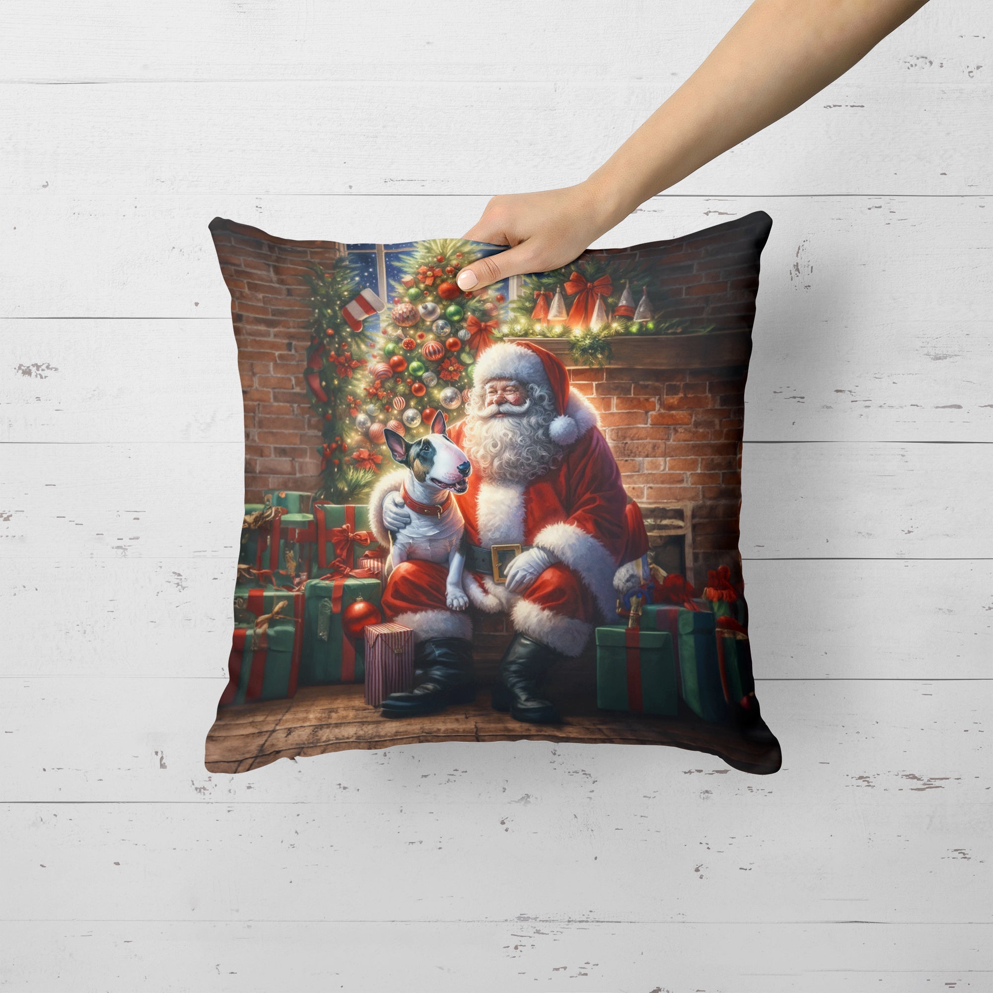 English Bull Terrier and Santa Claus Decorative Throw Pillow 18x18 Indoor Outdoor Accent Cushion, Fabric Cover with Insert for Sofa, Bed, Porch & Living Room