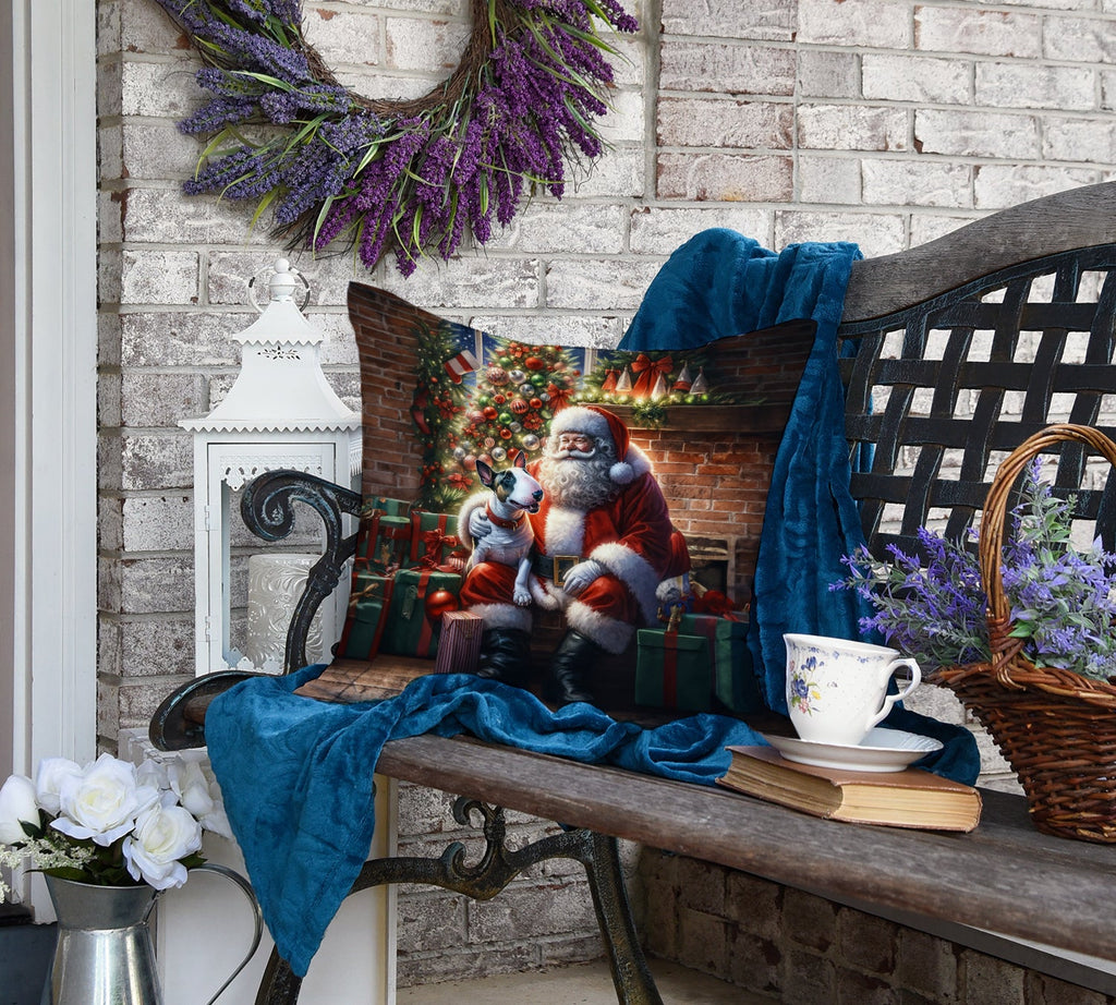 English Bull Terrier and Santa Claus Decorative Throw Pillow 18x18 Indoor Outdoor Accent Cushion, Fabric Cover with Insert for Sofa, Bed, Porch & Living Room