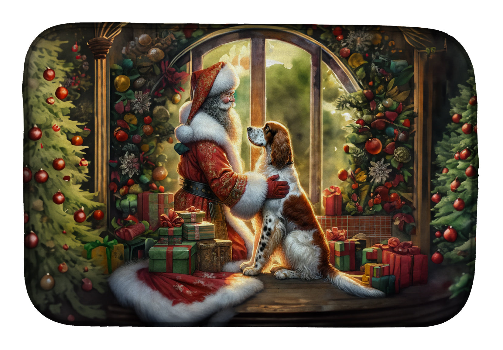 English Setter and Santa Claus Dish Drying Mat Absorbent Dish Drying Mat Pad for Kitchen Counter Dish Drainer Mat for Countertop, 14 x 21", Multicolor