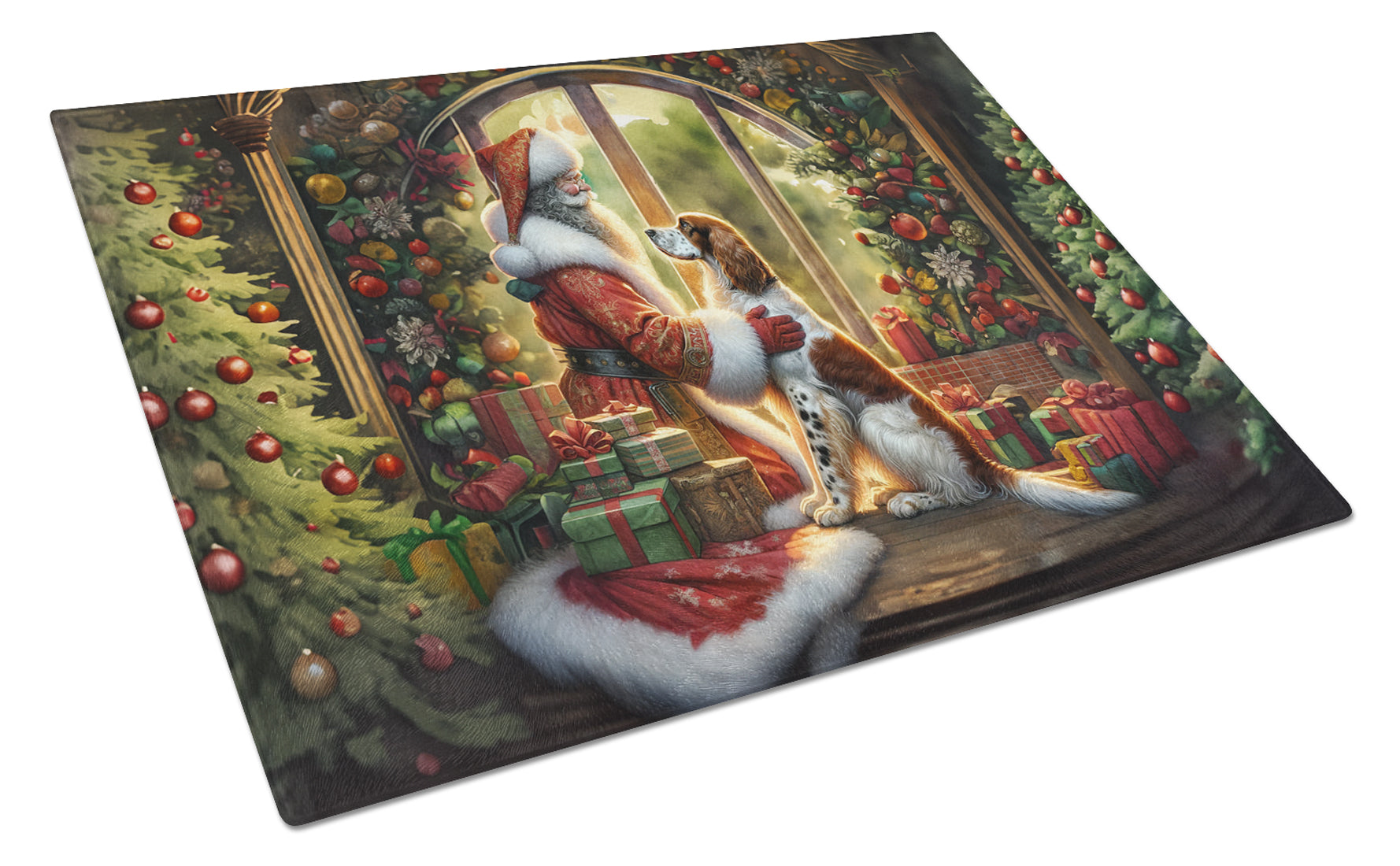 English Setter and Santa Claus Cutting Board Tempered Glass Kitchen Cutting Surface, Heat Resistant Chopping, Non-Slip Feet, Food Prep & Serving