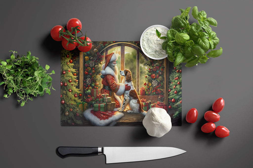 English Setter and Santa Claus Cutting Board Tempered Glass Kitchen Cutting Surface, Heat Resistant Chopping, Non-Slip Feet, Food Prep & Serving