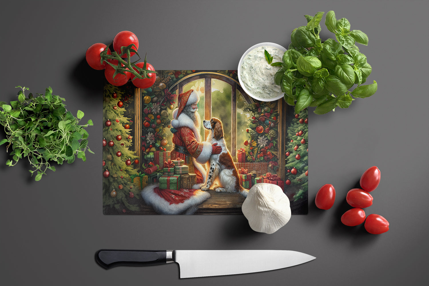 English Setter and Santa Claus Cutting Board Tempered Glass Kitchen Cutting Surface, Heat Resistant Chopping, Non-Slip Feet, Food Prep & Serving