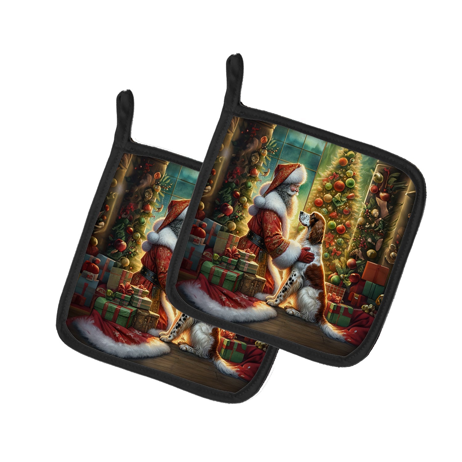 English Setter and Santa Claus Pot Holder Set of 2 Heat Resistant Quilted Hot Pads 7.5 x 7.5 Inch, Insulated Kitchen Trivets for Cooking & Baking