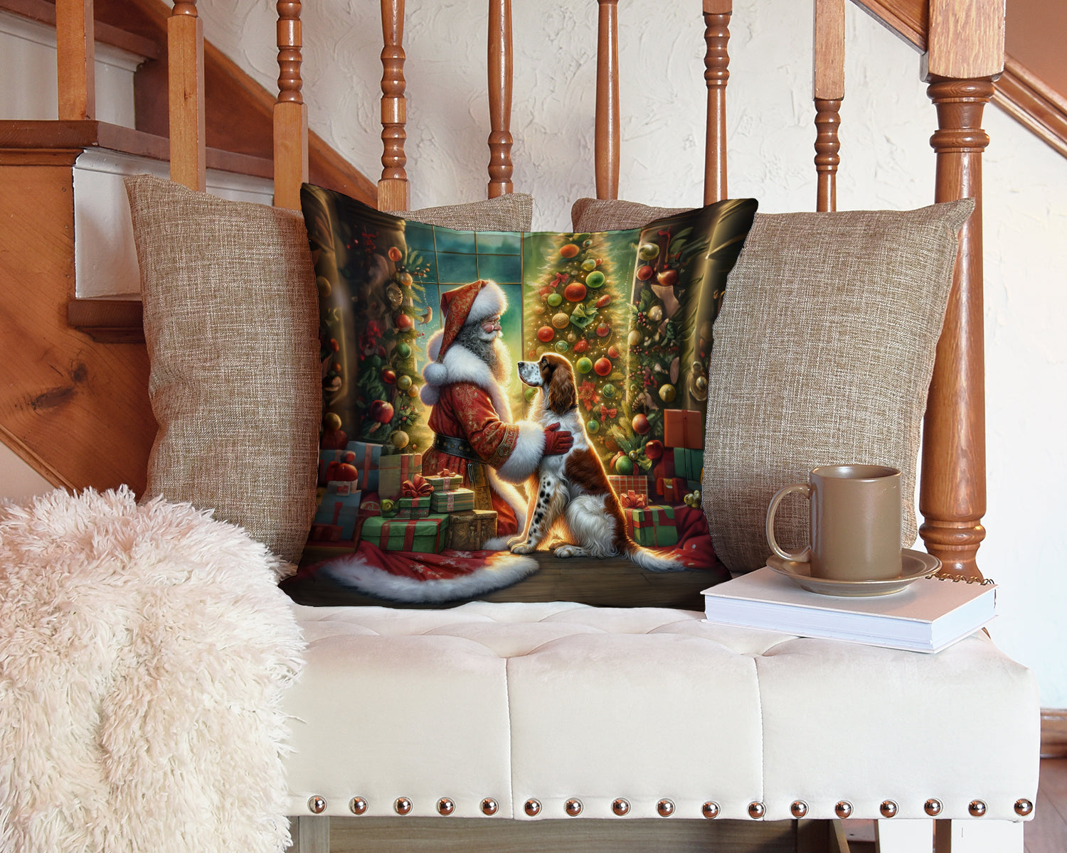 English Setter and Santa Claus Decorative Throw Pillow 14x14 Indoor Outdoor Accent Cushion, Fabric Cover with Insert for Sofa, Bed, Porch & Living Room