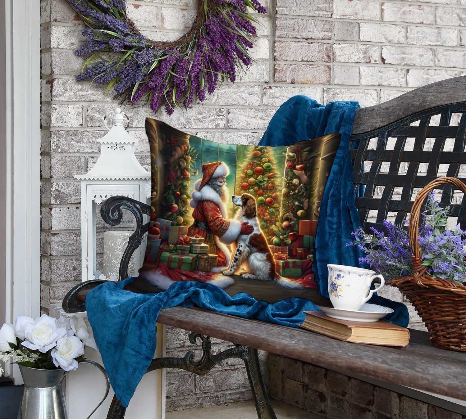 English Setter and Santa Claus Decorative Throw Pillow 18x18 Indoor Outdoor Accent Cushion, Fabric Cover with Insert for Sofa, Bed, Porch & Living Room