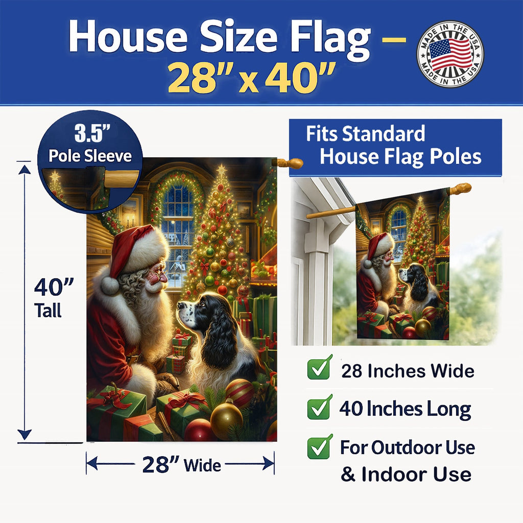 English Springer Spaniel and Santa Claus House Flag 28x40 Porch Sleeve Pole Decorative Outside Yard Banner Artwork Wall Hanging, Polyester