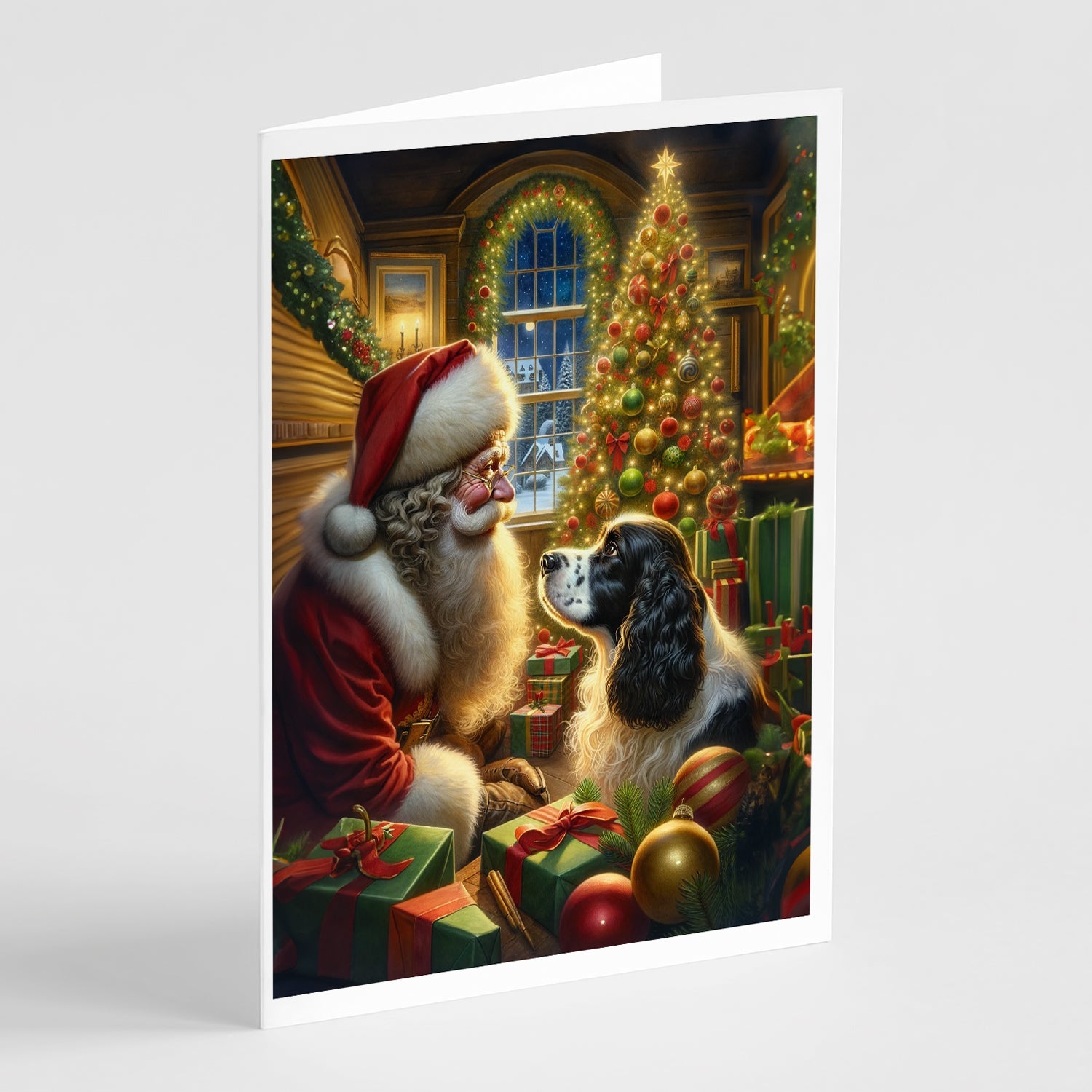 English Springer Spaniel and Santa Claus Greeting Cards Pack of 8 Blank Cards with Envelopes Whimsical A7 Size 5x7