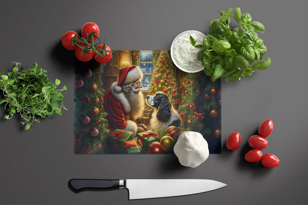English Springer Spaniel and Santa Claus Cutting Board Tempered Glass Kitchen Cutting Surface, Heat Resistant Chopping, Non-Slip Feet, Food Prep & Serving