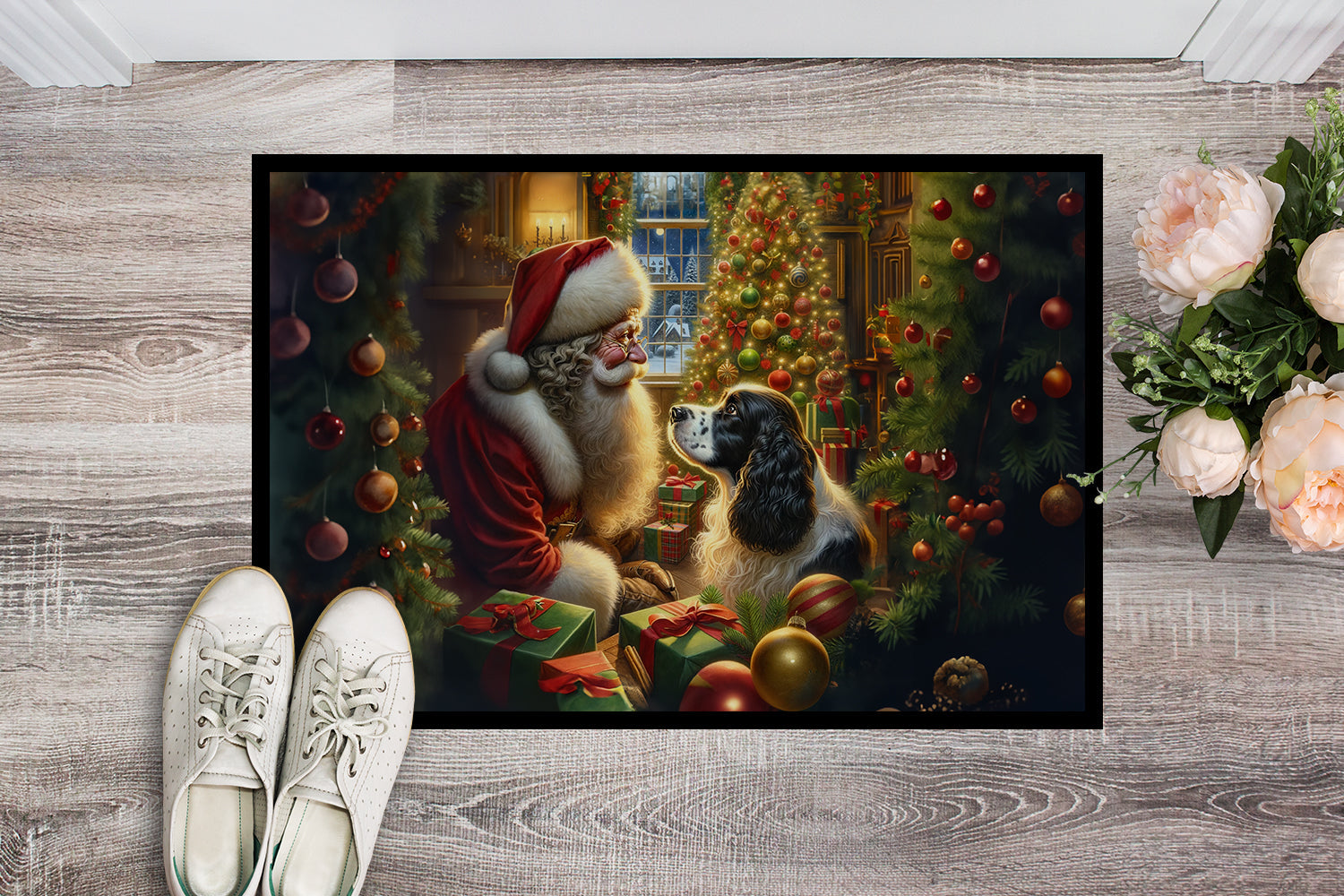 English Springer Spaniel and Santa Claus Doormat Indoor Outdoor 18H X 27W Front Door Mat Rugs for Entryway, Non Slip Washable
