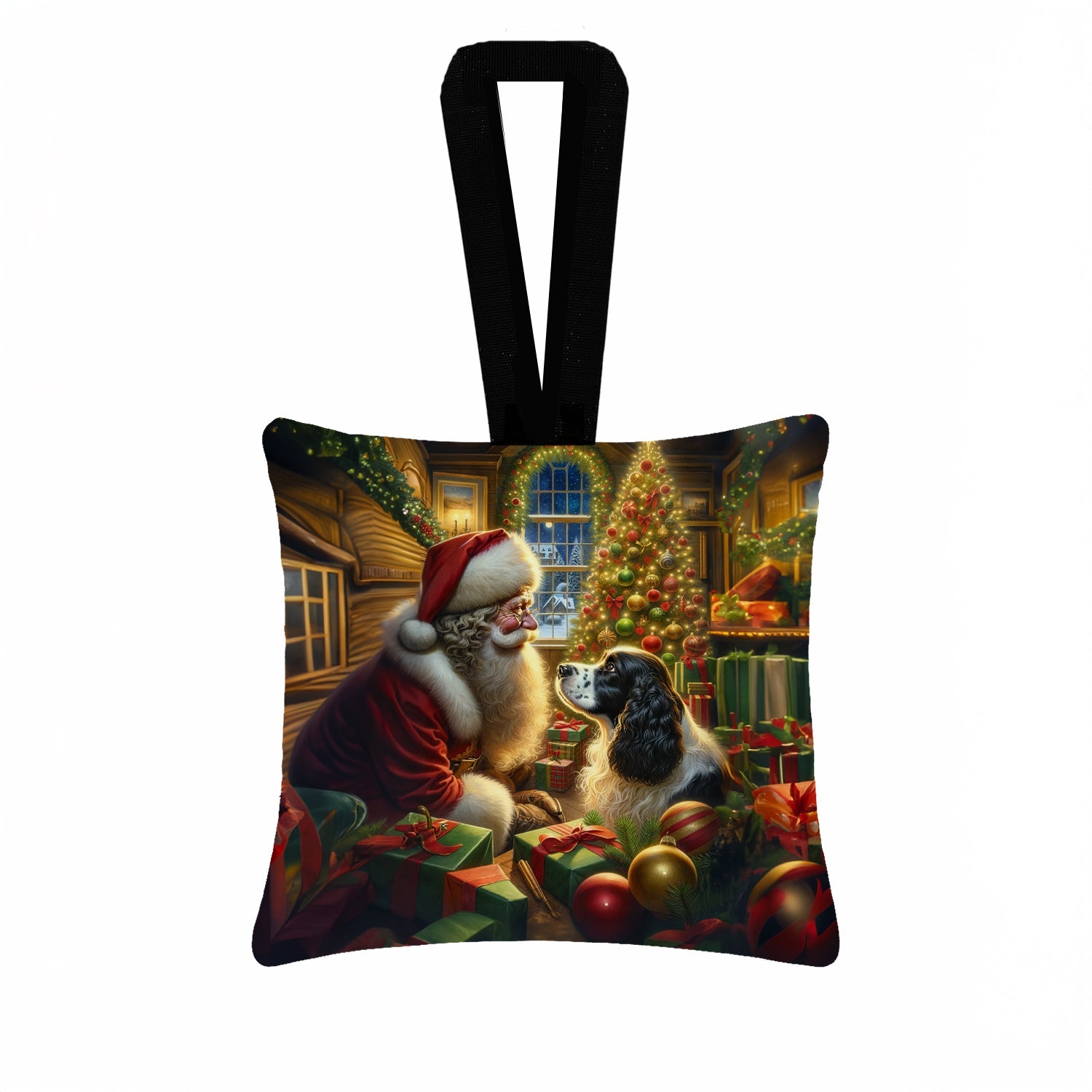 English Springer Spaniel and Santa Claus Hanging Square Fabric Ornament 3.5 × 3.5 Decorative Door-Knob & Tree Hanger, Soft Fabric