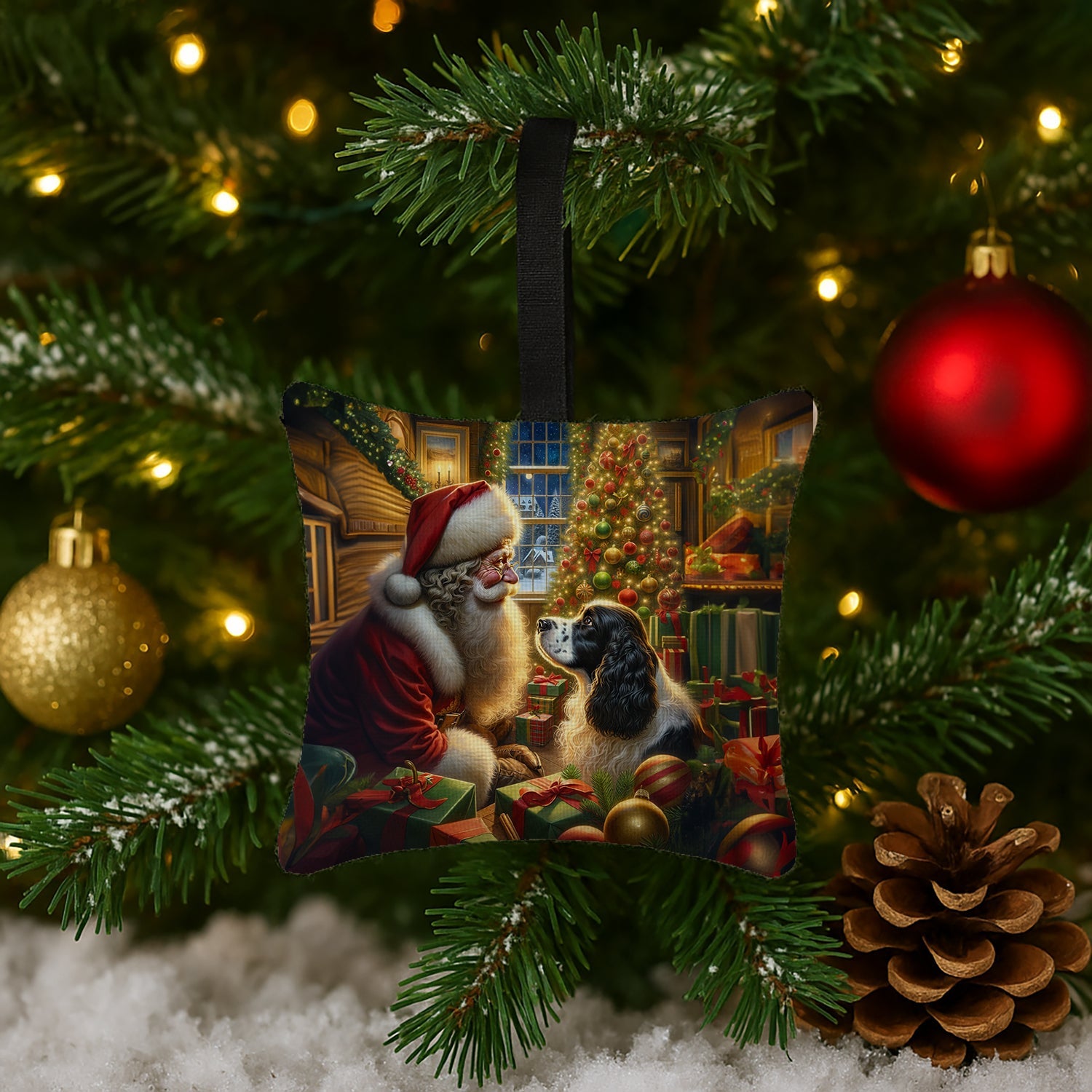 English Springer Spaniel and Santa Claus Hanging Square Fabric Ornament 3.5 × 3.5 Decorative Door-Knob & Tree Hanger, Soft Fabric