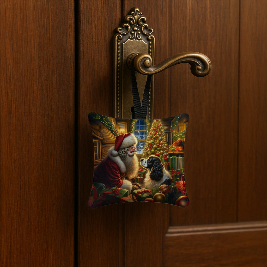 English Springer Spaniel and Santa Claus Hanging Square Fabric Ornament 3.5 × 3.5 Decorative Door-Knob & Tree Hanger, Soft Fabric
