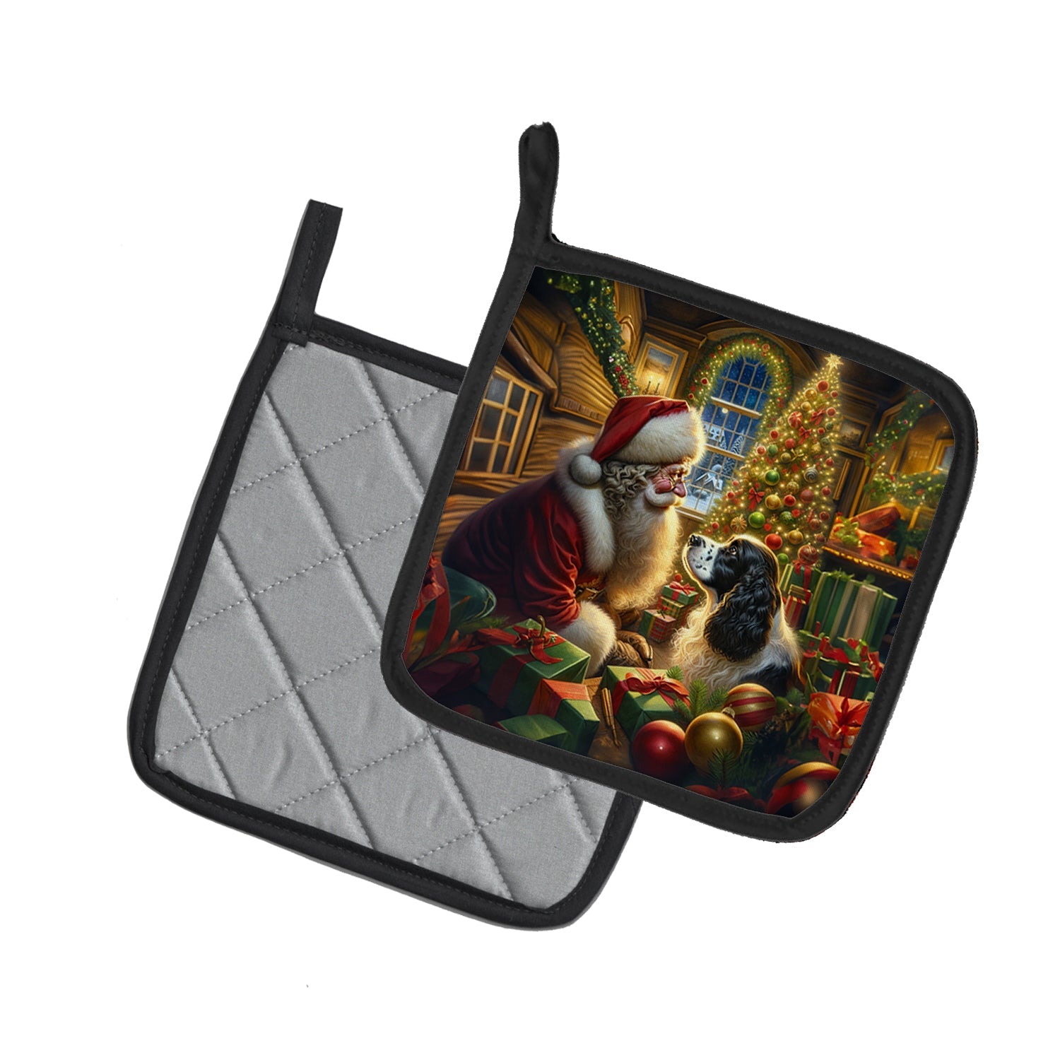 English Springer Spaniel and Santa Claus Pot Holder Set of 2 Heat Resistant Quilted Hot Pads 7.5 x 7.5 Inch, Insulated Kitchen Trivets for Cooking & Baking