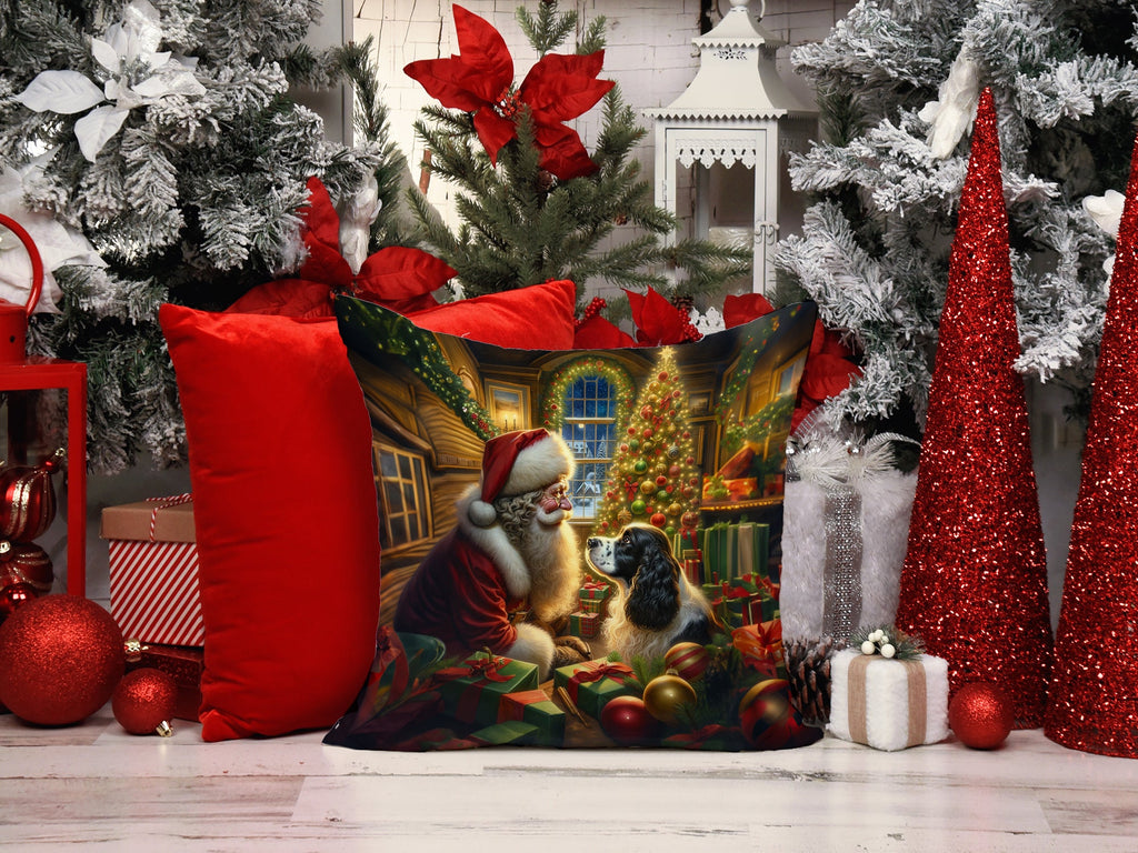 English Springer Spaniel and Santa Claus Decorative Throw Pillow 14x14 Indoor Outdoor Accent Cushion, Fabric Cover with Insert for Sofa, Bed, Porch & Living Room