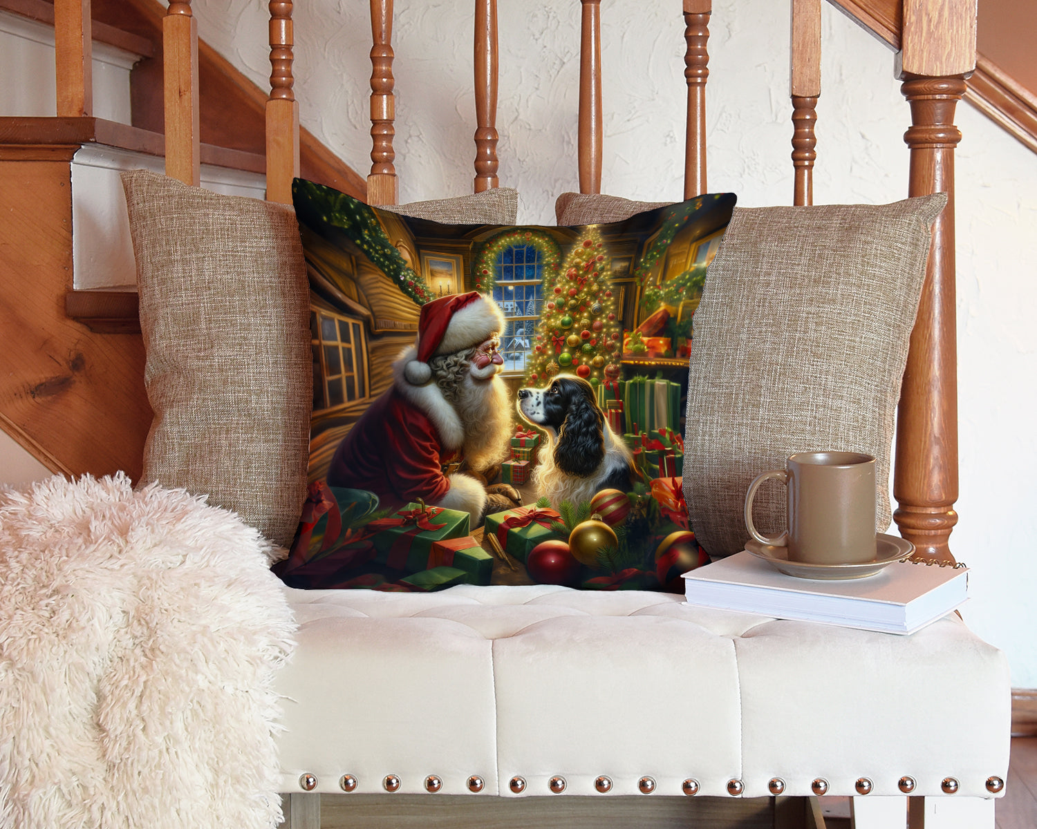 English Springer Spaniel and Santa Claus Decorative Throw Pillow 14x14 Indoor Outdoor Accent Cushion, Fabric Cover with Insert for Sofa, Bed, Porch & Living Room