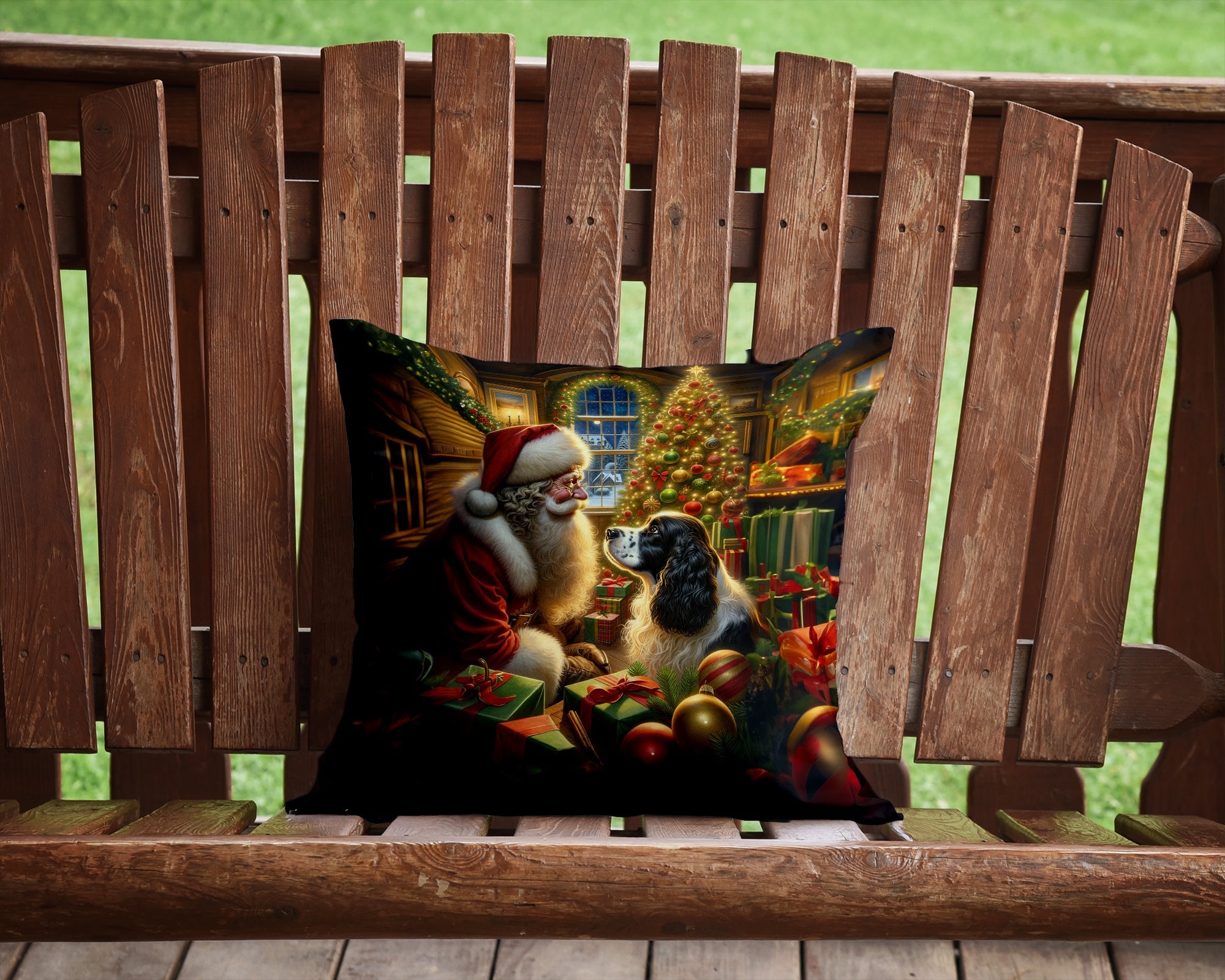 English Springer Spaniel and Santa Claus Decorative Throw Pillow 14x14 Indoor Outdoor Accent Cushion, Fabric Cover with Insert for Sofa, Bed, Porch & Living Room