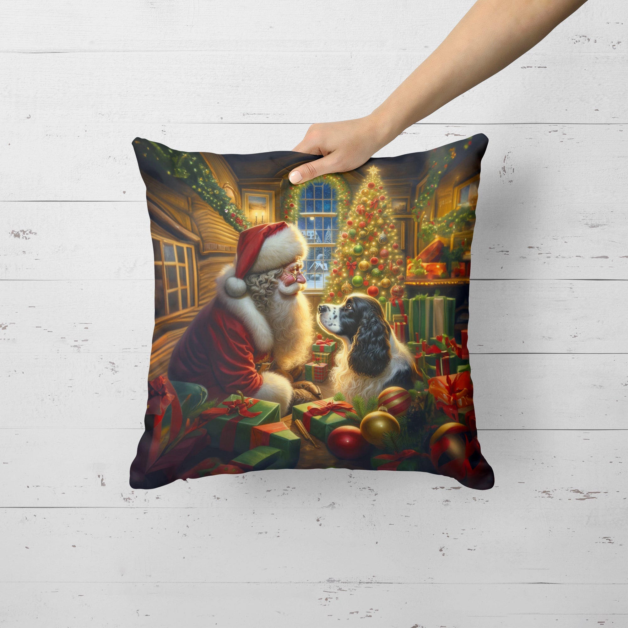 English Springer Spaniel and Santa Claus Decorative Throw Pillow 18x18 Indoor Outdoor Accent Cushion, Fabric Cover with Insert for Sofa, Bed, Porch & Living Room