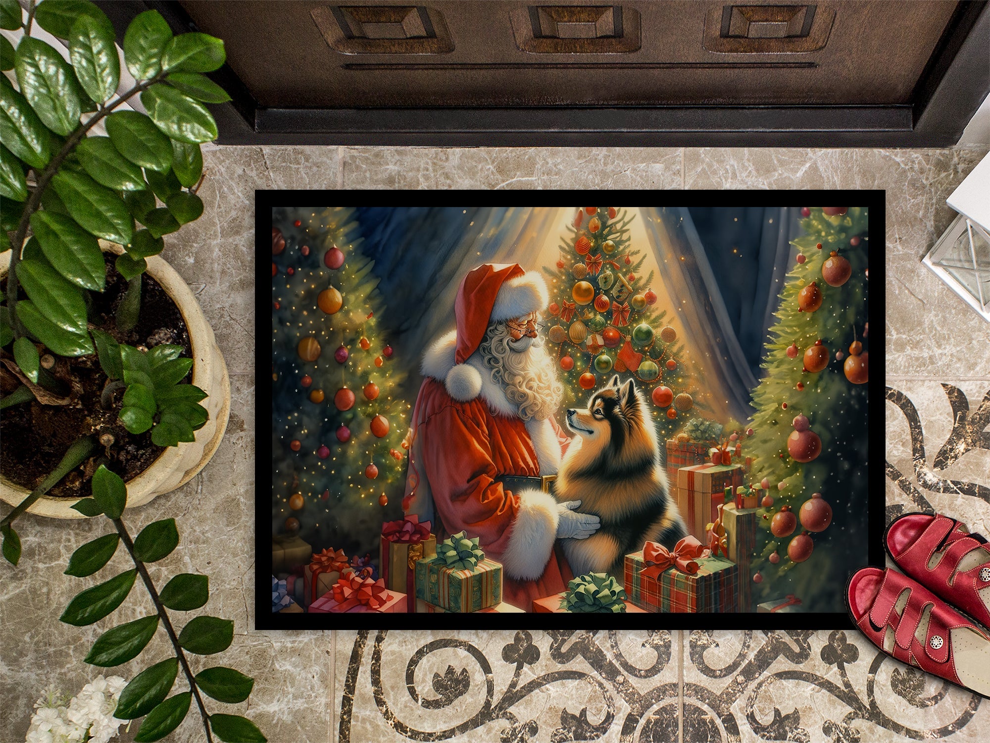 Finnish Spitz and Santa Claus Doormat Indoor Outdoor 24H X 36W Front Door Mat Rugs for Entryway, Non Slip Washable Low Pile,